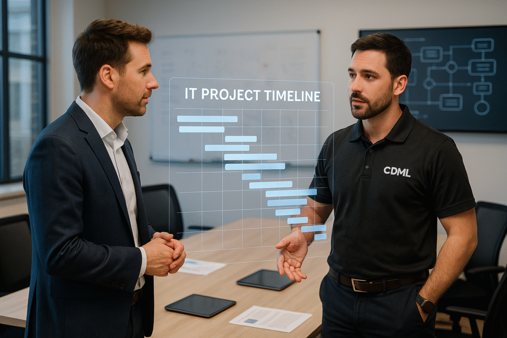 Two professional men are standing in a modern conference room discussing an IT project timeline displayed as a semi-transparent augmented reality Gantt chart. One man, dressed in a suit, listens attentively while the other, wearing a black CDML-branded polo, gestures toward the floating chart. The room features large windows, a whiteboard, a digital flowchart screen, and a table with tablets and documents, conveying a high-tech, collaborative work environment.