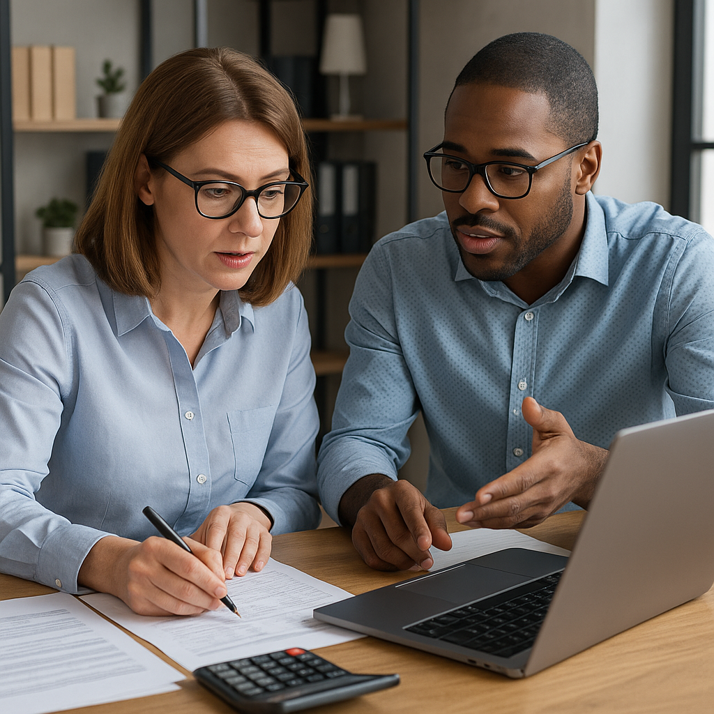 a professional consultant guiding a bookkeeper through their financial software