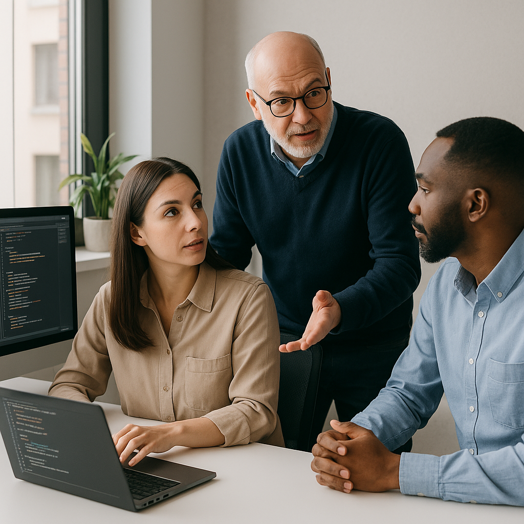 Three professionals — two men and one woman — collaborate in a bright, modern office. The woman is seated at a desk with a laptop displaying code, while one man stands beside her explaining something and the other listens attentively. A monitor with additional code and a potted plant are visible in the background.
