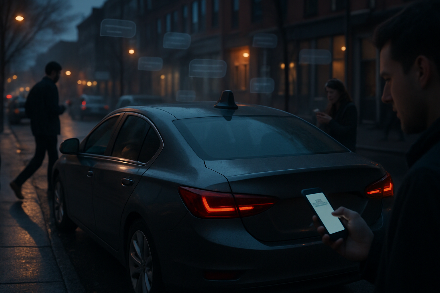 A car with a small roof antenna parked on a wet city street at dusk, emitting faint text message bubbles toward pedestrians who are looking at their glowing phone screens.