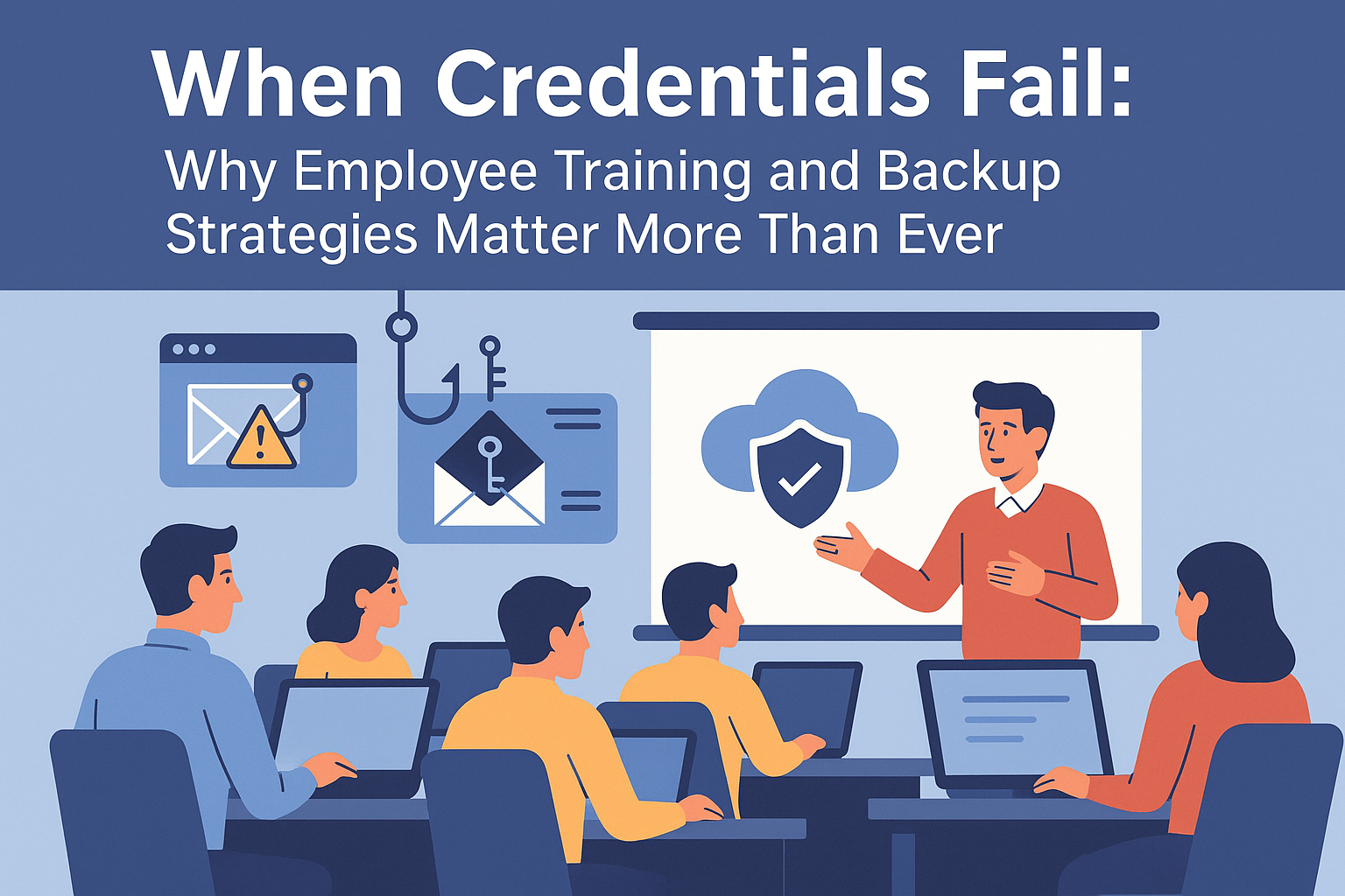 Office employees in a cybersecurity training session. A presenter points to a screen with a shield and cloud symbol while digital phishing icons appear in the background, representing awareness and data protection.