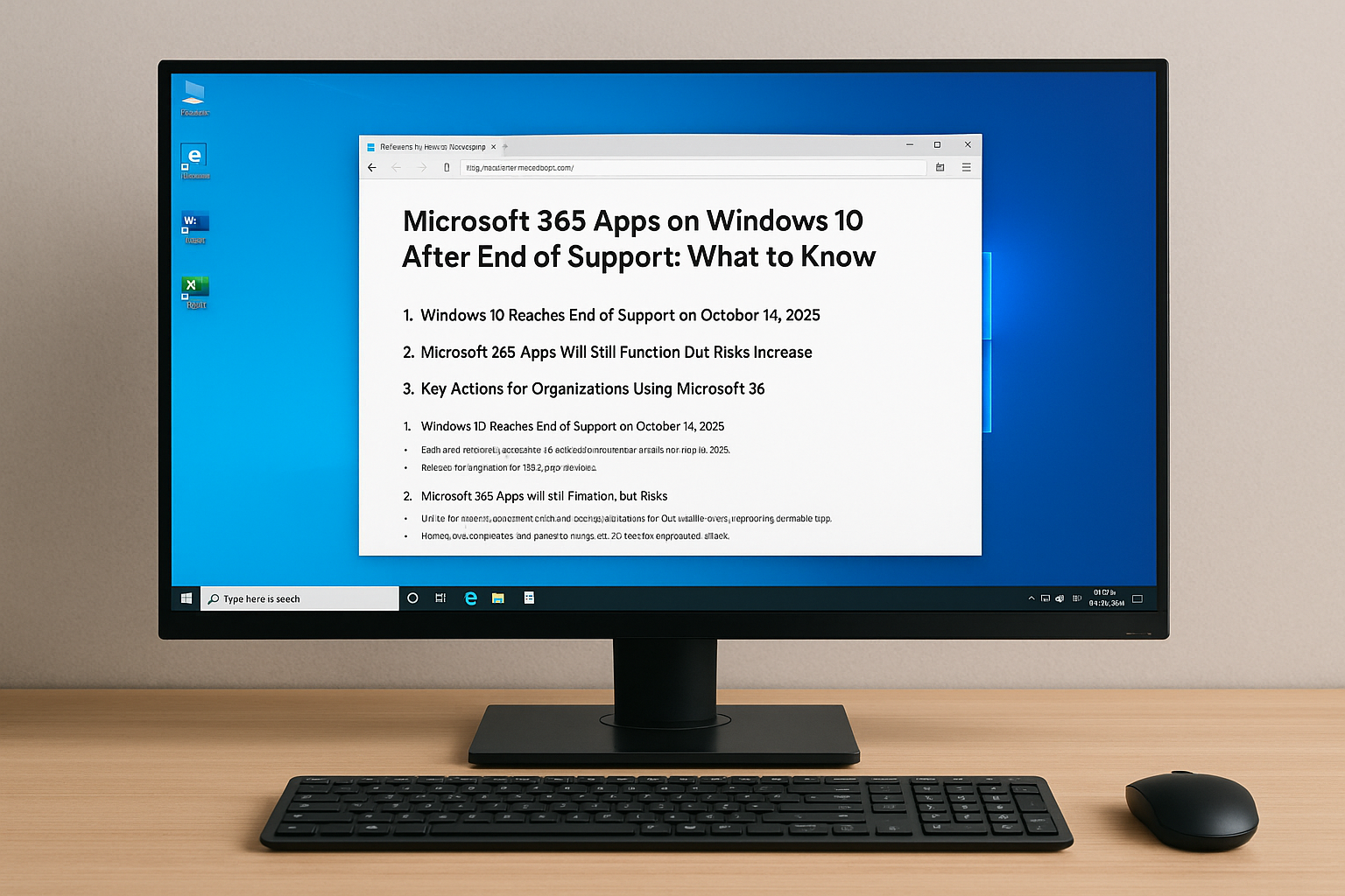 Modern office setup with a desktop monitor displaying a Windows 10 screen showing an article about Microsoft 365 apps after Windows 10 end-of-support.