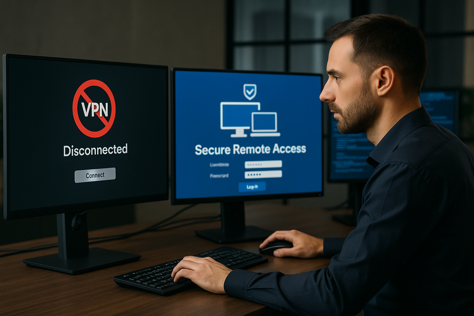 An IT administrator transitions from VPN to secure remote desktop connections protected by MFA, representing safer business connectivity after VPN vulnerabilities.