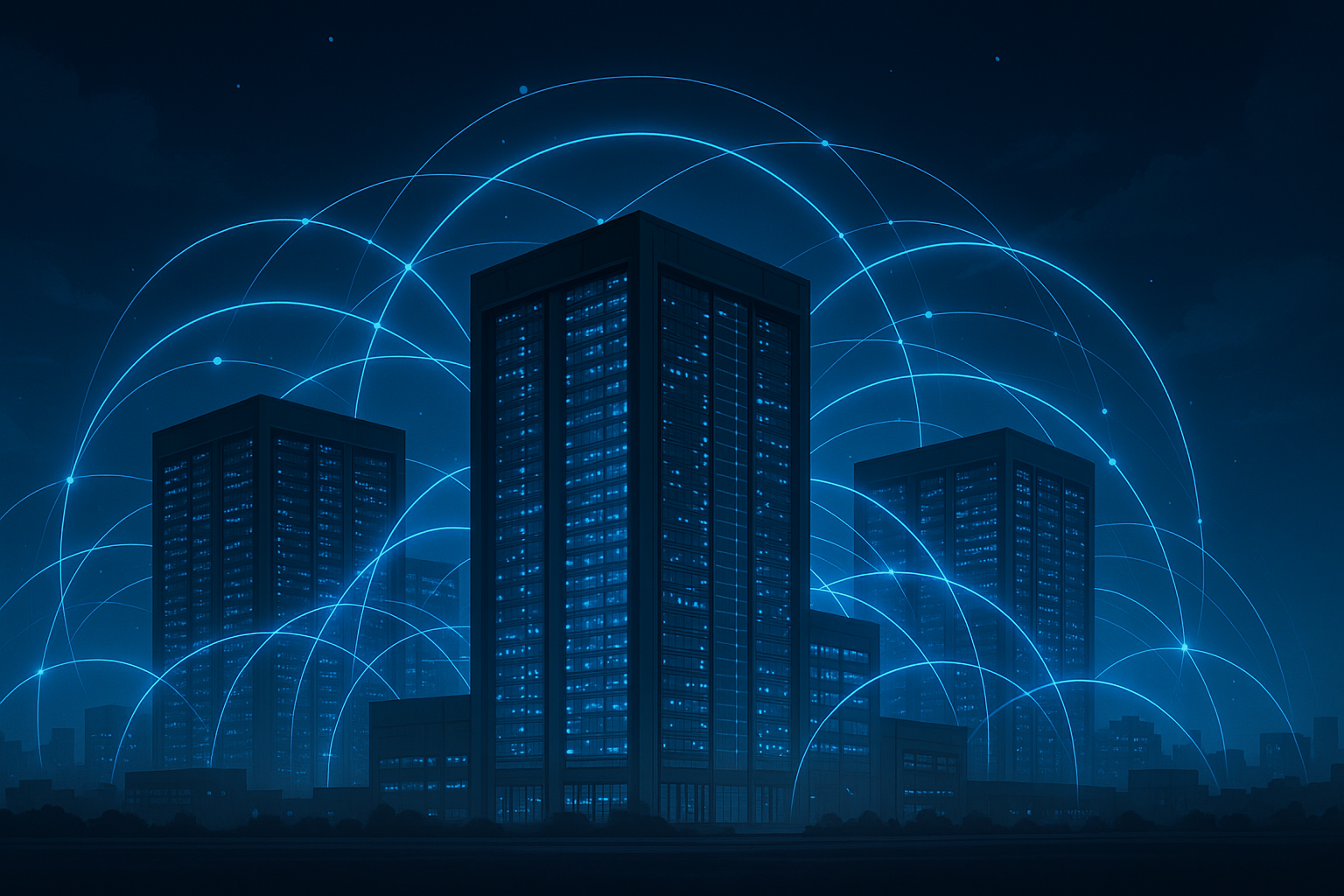 Multiple data centers interconnected by glowing network lines, symbolizing cloud redundancy and business continuity.
