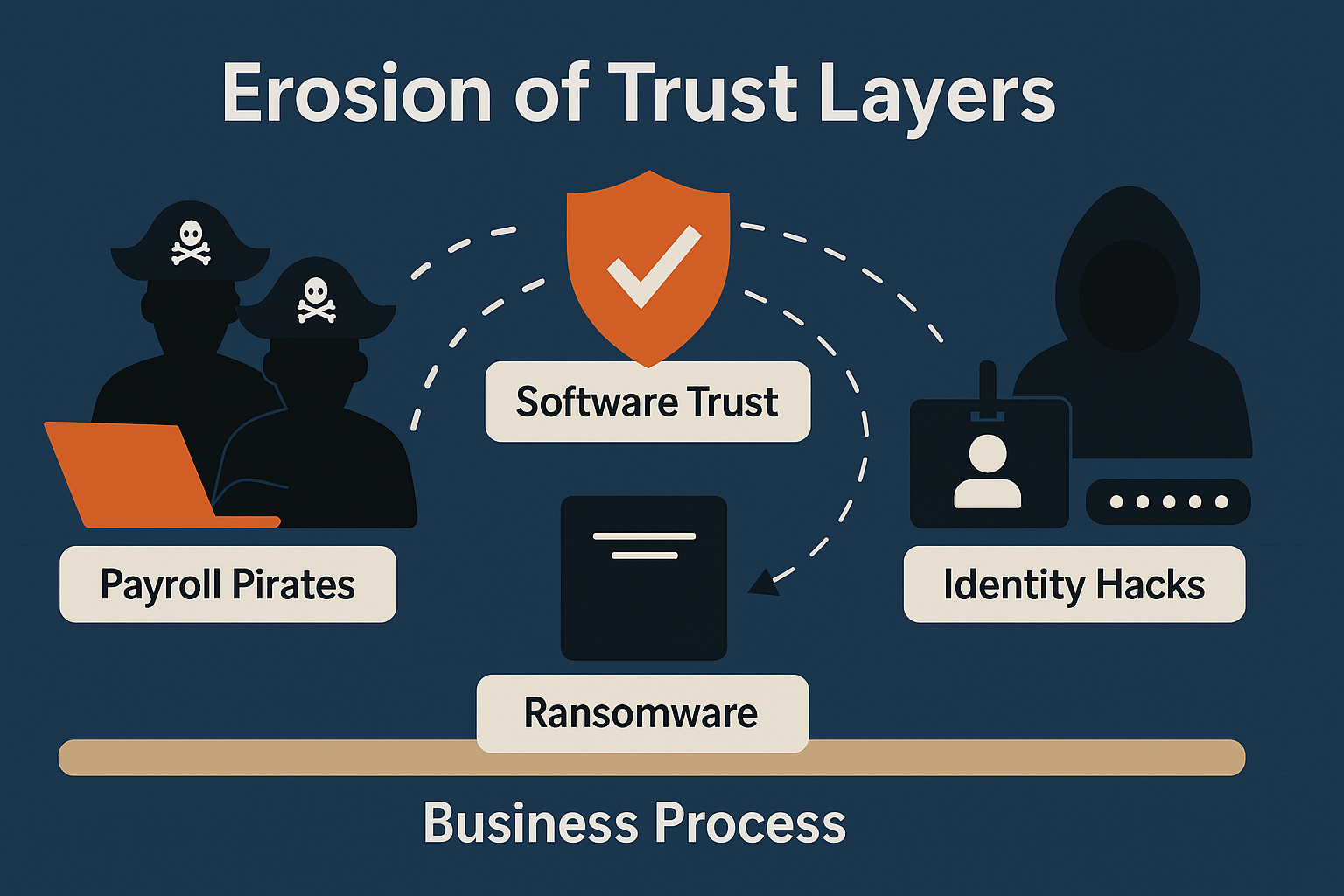 Erosion of trust layers in cybersecurity depicting Payroll Pirates, Software Trust, Ransomware, and Identity Hacks attacking business processes.
