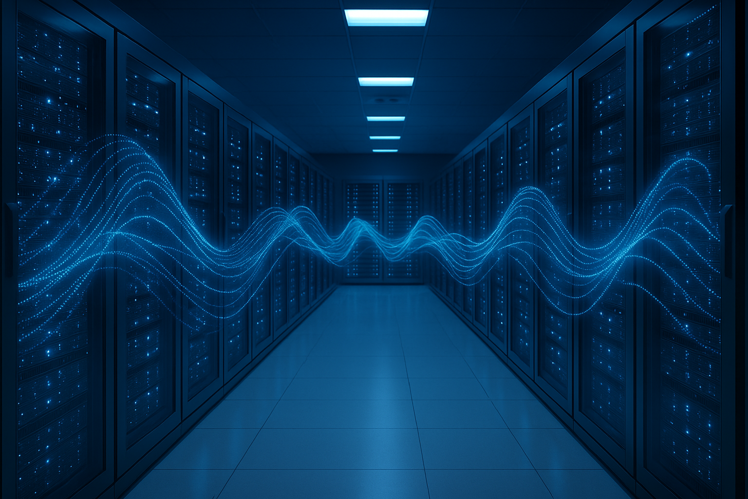 Data center with digital wave overlays symbolizing quantum-resilient encryption for healthcare and financial compliance.