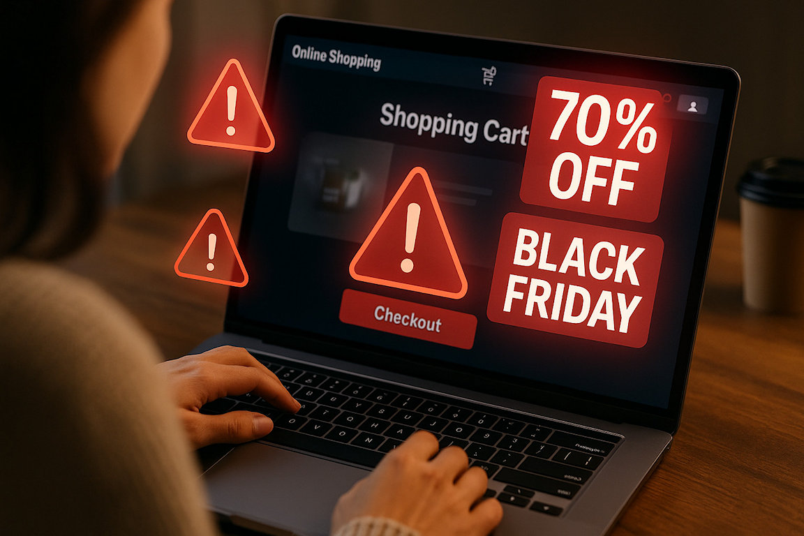 A shopper viewing steep online discounts as security alerts subtly appear, symbolizing Black Friday phishing risks.