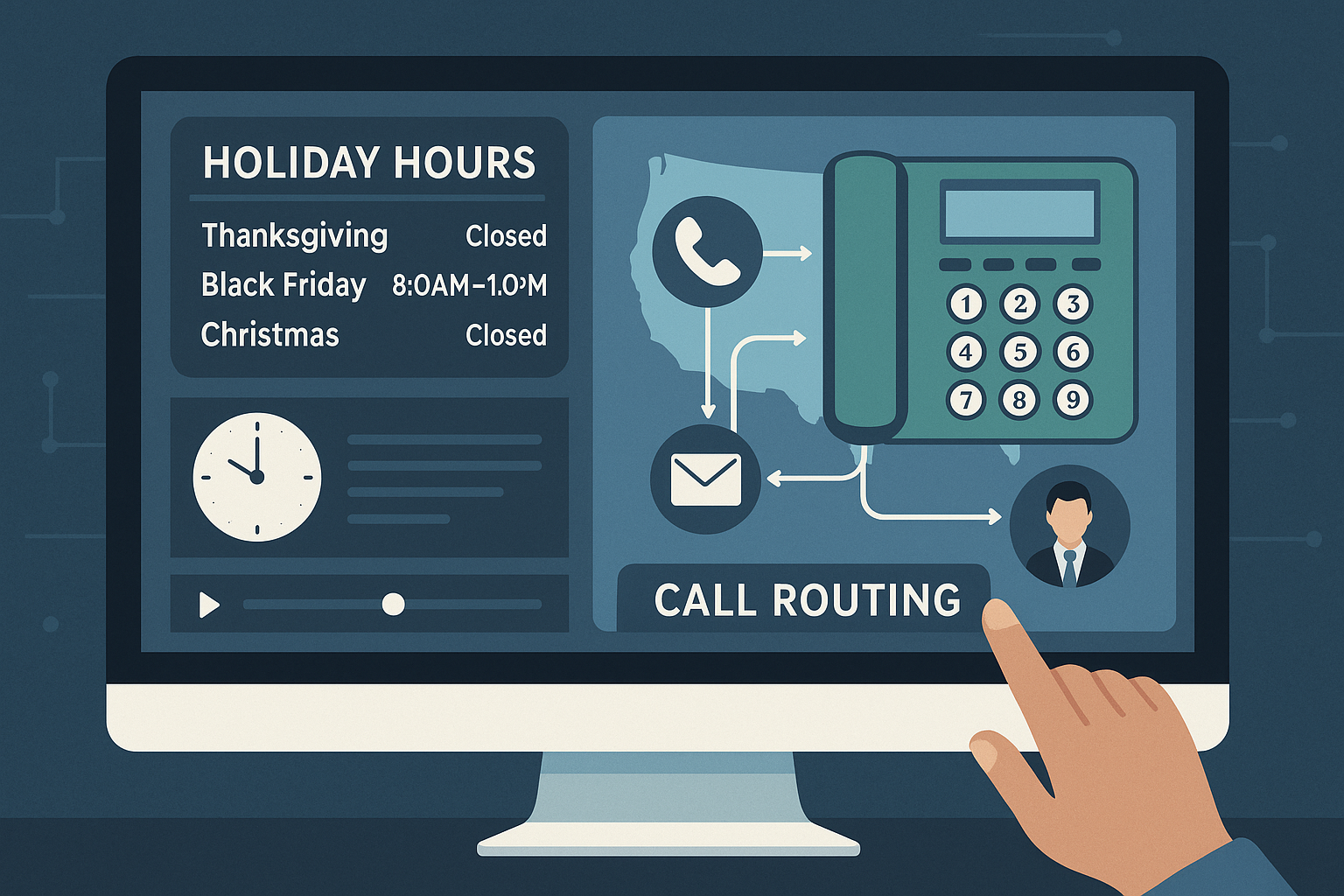 A computer monitor displaying a VoIP management dashboard with holiday hours, call routing map, and voicemail options, representing business phone system readiness for the holidays.