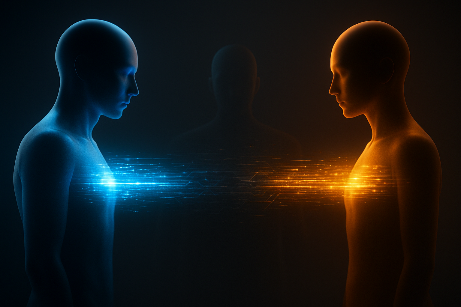 Two lifelike AI silhouettes face each other in a dark scene while bright data streams flow between them, with a faint shadow stream in the middle that suggests hidden instructions.