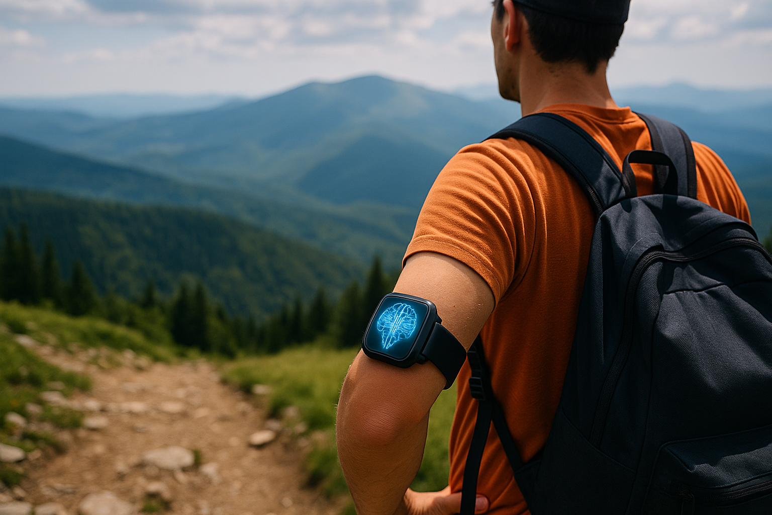 A hiker standing on a mountain ridge wears a futuristic smartwatch with a glowing blue neuromorphic brain pattern. The person looks out across rolling green mountains under a partly cloudy sky, illustrating how wearable edge-AI technology can operate in remote wilderness without connectivity.