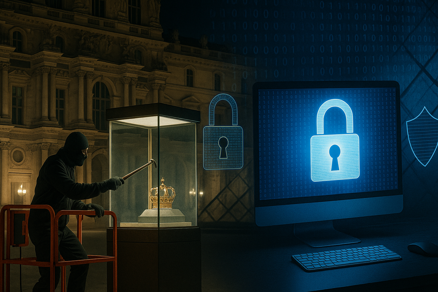 A nighttime Louvre heist scene on the left, where a masked thief uses a crowbar to break into a glass display holding a golden crown, contrasted with a modern cybersecurity scene on the right featuring a glowing padlock icon on a computer monitor over a background of binary code.