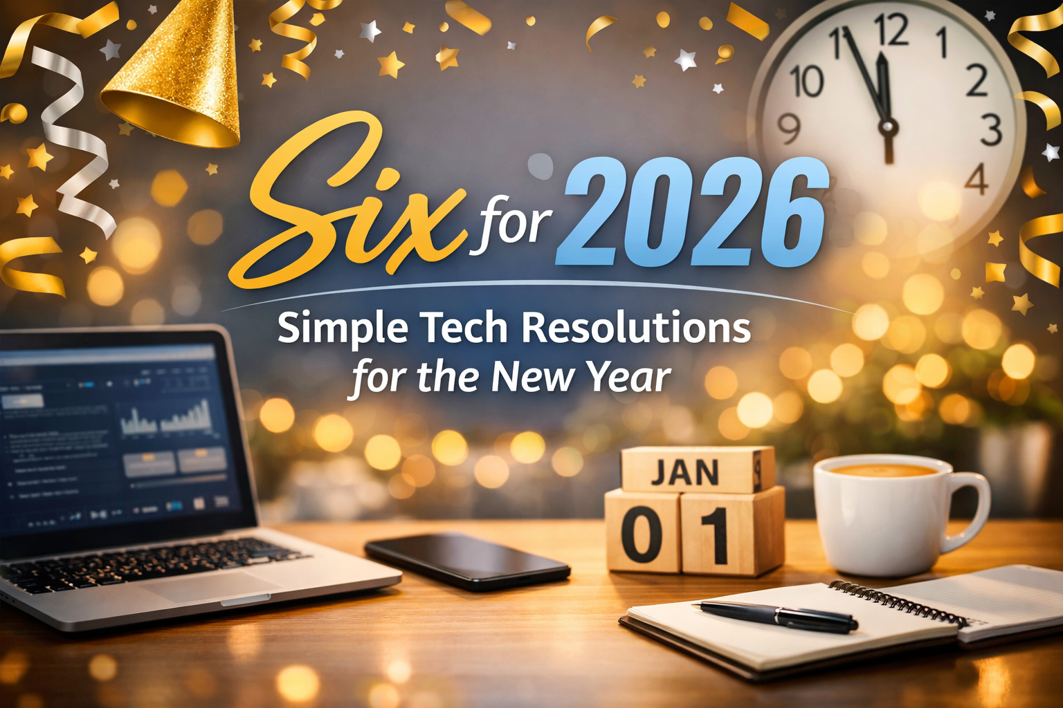 Festive New Year desk scene with a laptop, smartphone, calendar blocks, and warm lights, symbolizing simple tech resolutions for 2026.