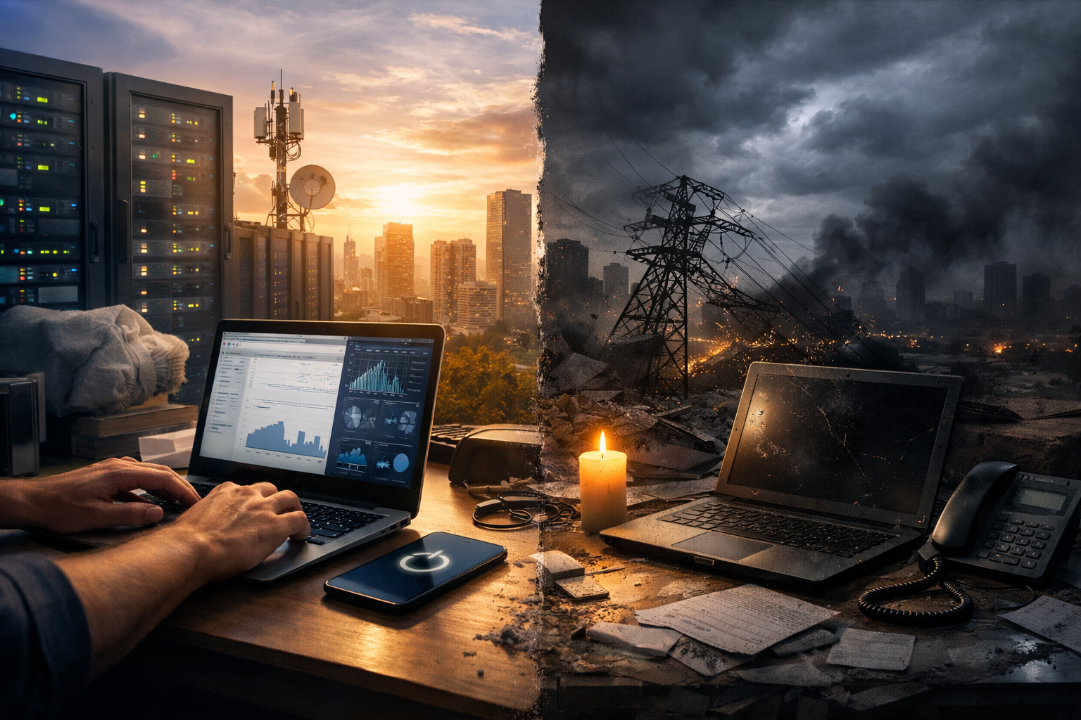 Split-screen image showing a modern city and active technology on one side and a darkened city with failed devices and power infrastructure on the other, illustrating technology dependence and disruption.