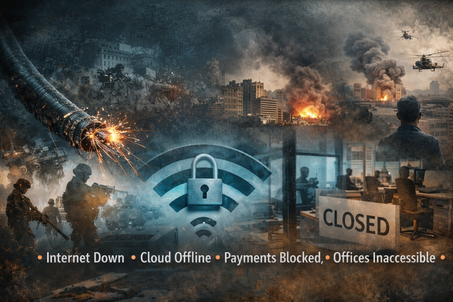 Photorealistic image showing global instability disrupting digital infrastructure and organizational operations.