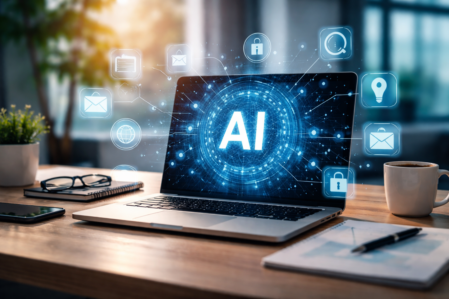 Laptop on office desk with AI visualization, symbolizing secure and practical use of AI tools.