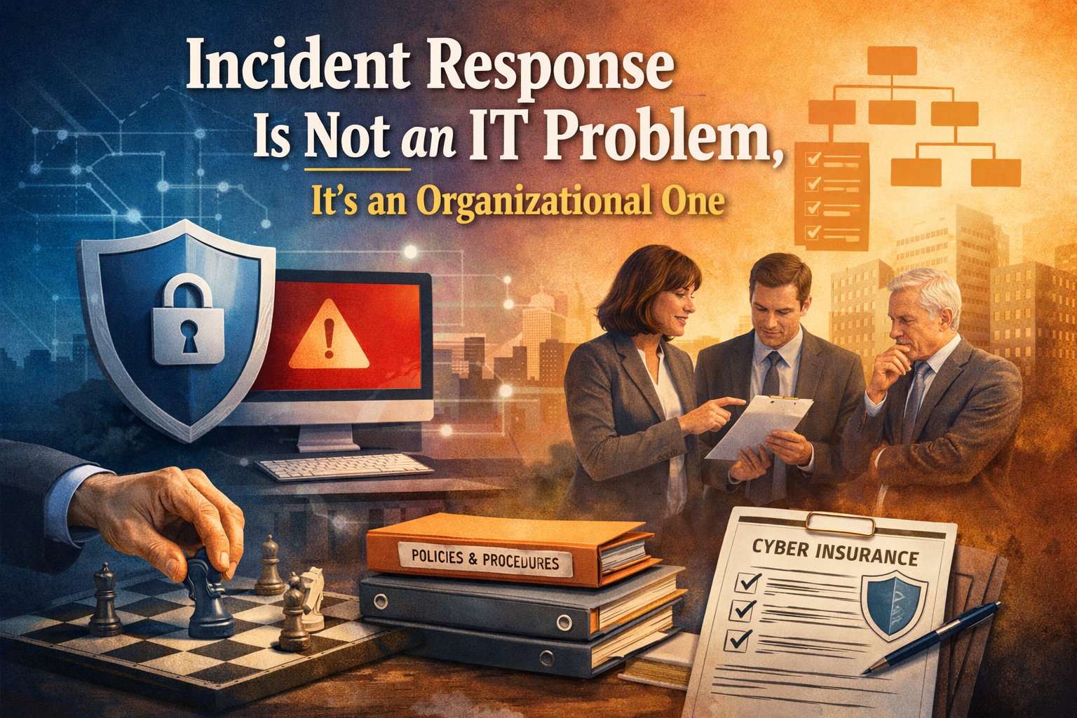 Cybersecurity incident response illustration showing executives reviewing policies, insurance, and procedures, emphasizing that incident response is an organizational responsibility, not just an IT function.