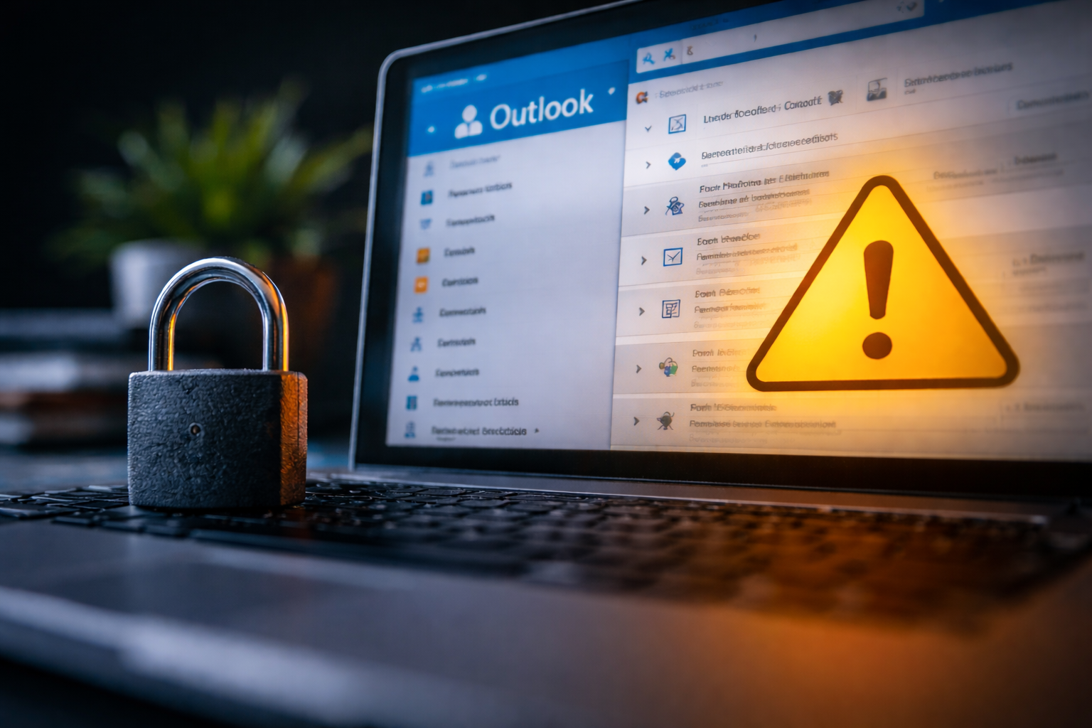 Microsoft Outlook displayed on a laptop with a warning icon and padlock, representing legacy email client security risks.