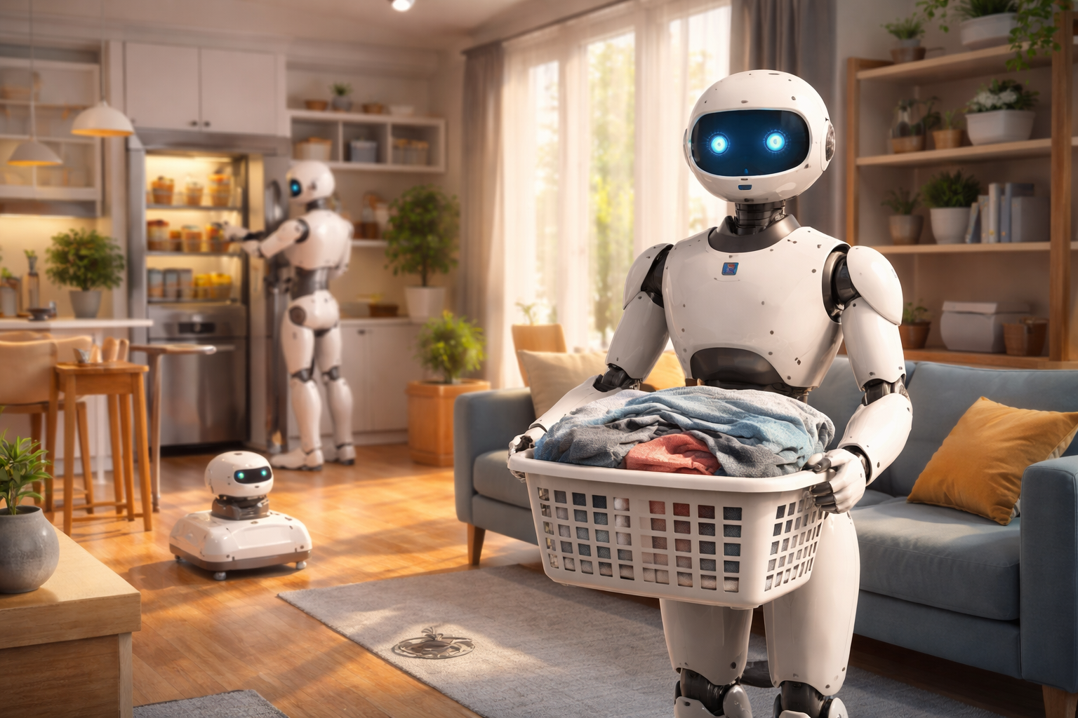 Humanoid home robots performing household chores in a modern living room, including folding laundry, cleaning floors, and organizing groceries, illustrating the future of home automation and domestic robotics.