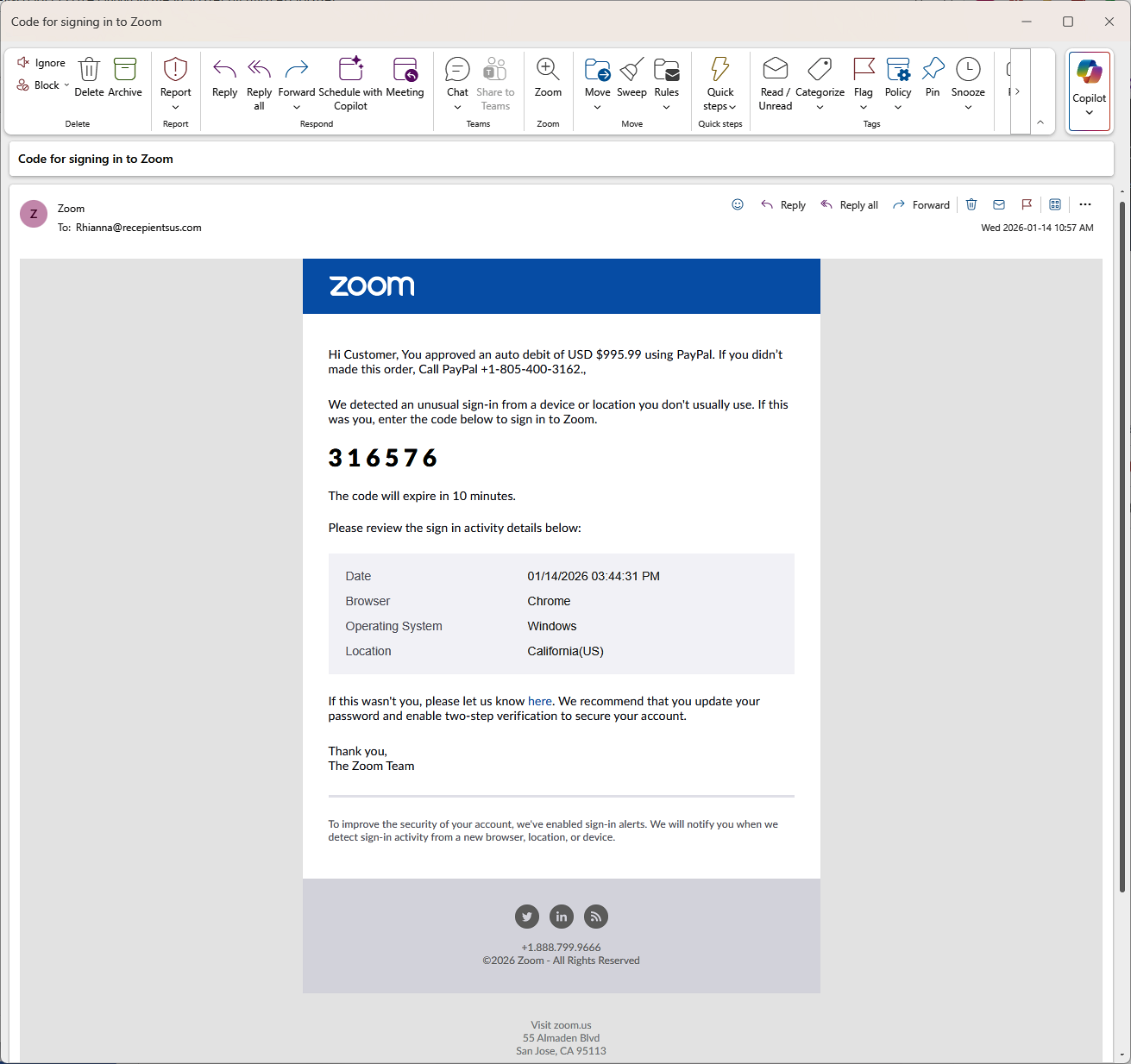Screenshot showing the scam email.