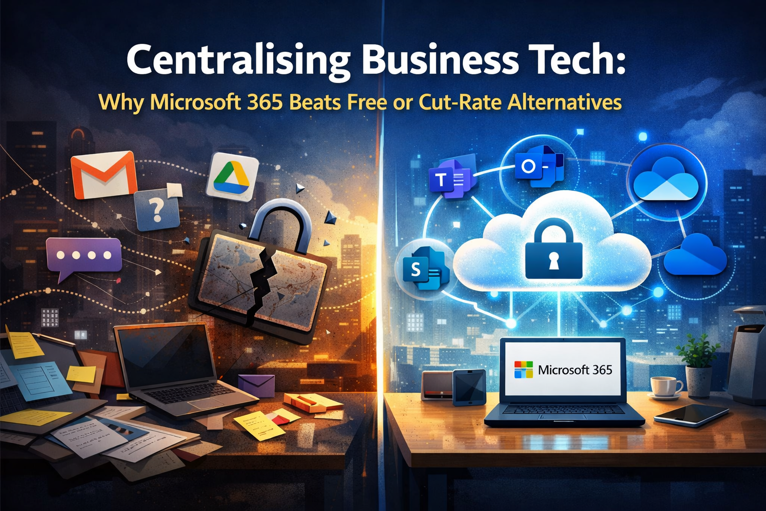 Illustration contrasting fragmented business tools and security risks with a centralized Microsoft 365 workspace featuring cloud connectivity, collaboration apps, and improved organization.