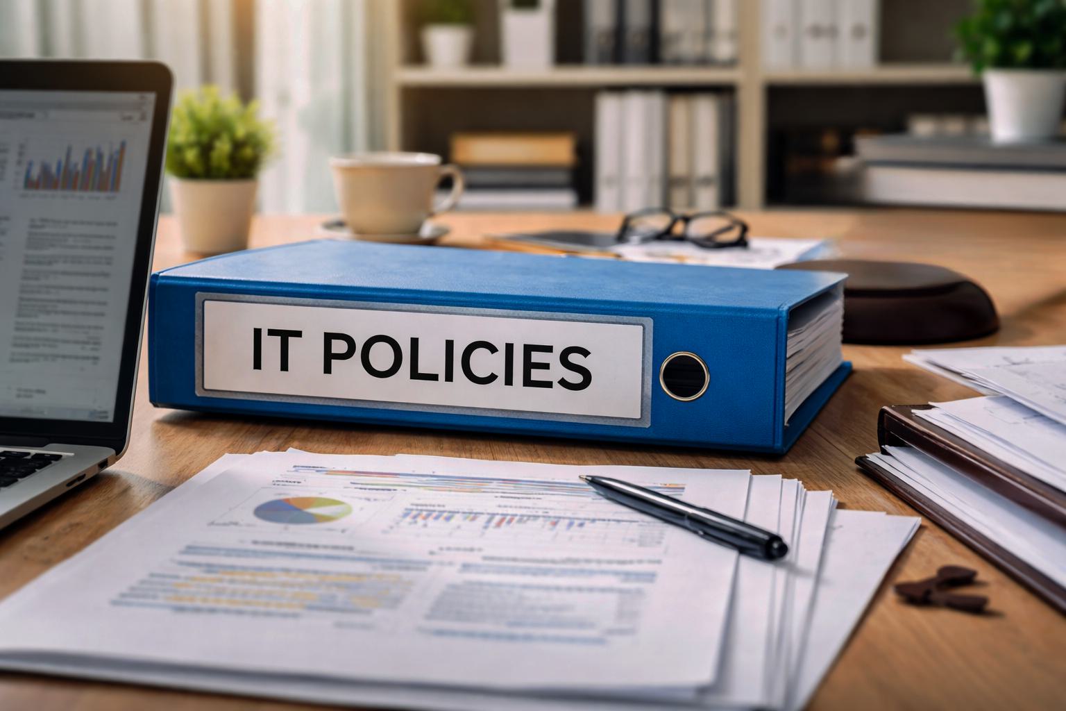 A neatly organized office workspace featuring IT policy documentation alongside business and technology tools, illustrating the role of written policies in organizational security and preparedness.