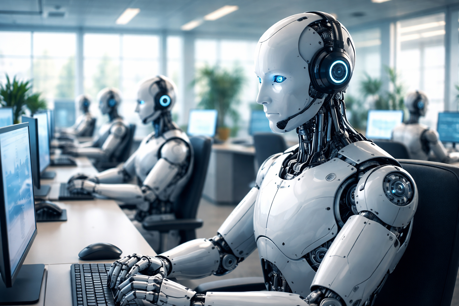 Humanoid robots working in a modern call center environment, wearing headsets and interacting with computer screens in a bright, professional office setting, representing AI-powered VoIP and automated customer service.