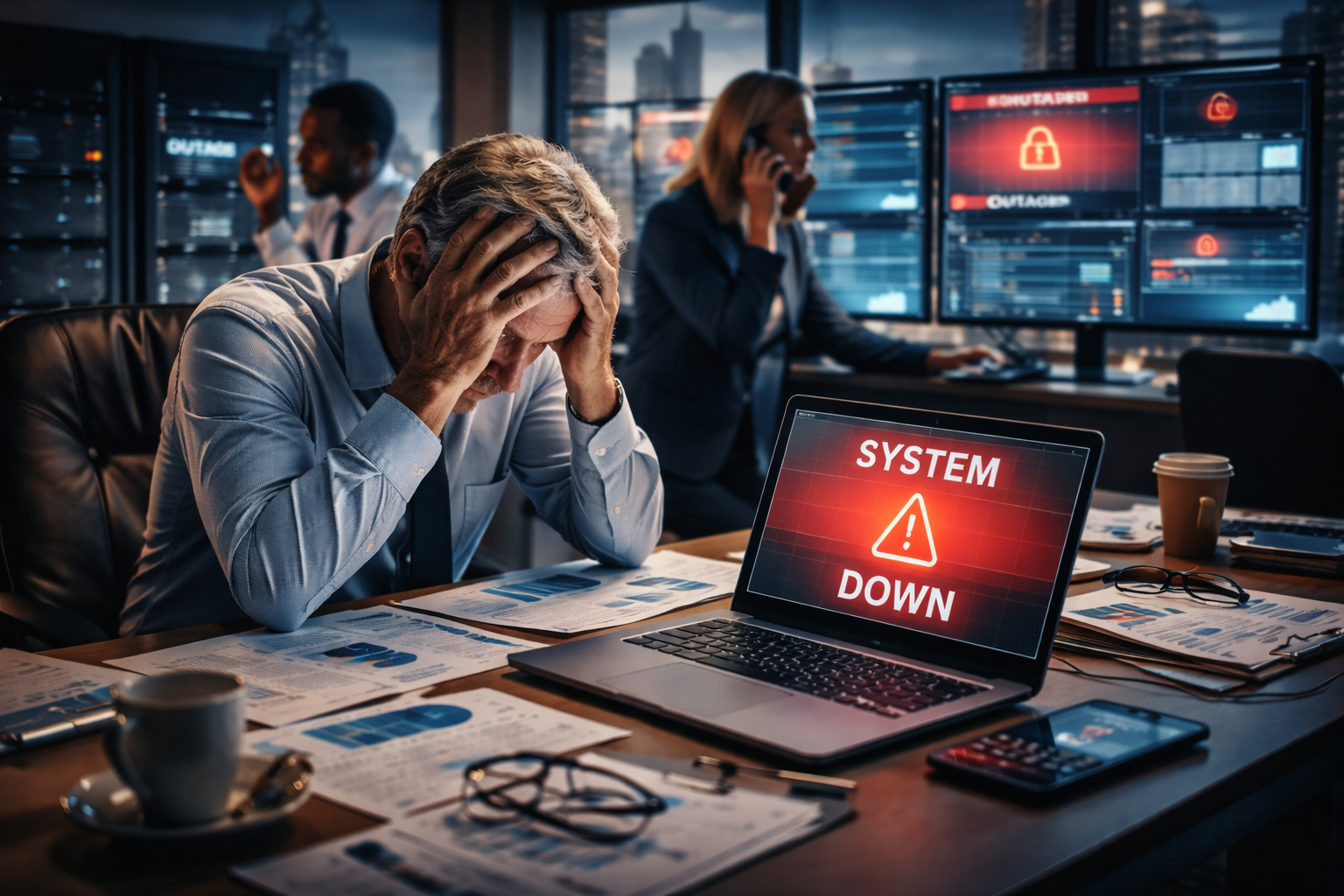 Executive team reacting to operational downtime in a modern office, with a laptop displaying a red system alert while financial documents and security monitors highlight the business impact of a cyber incident.