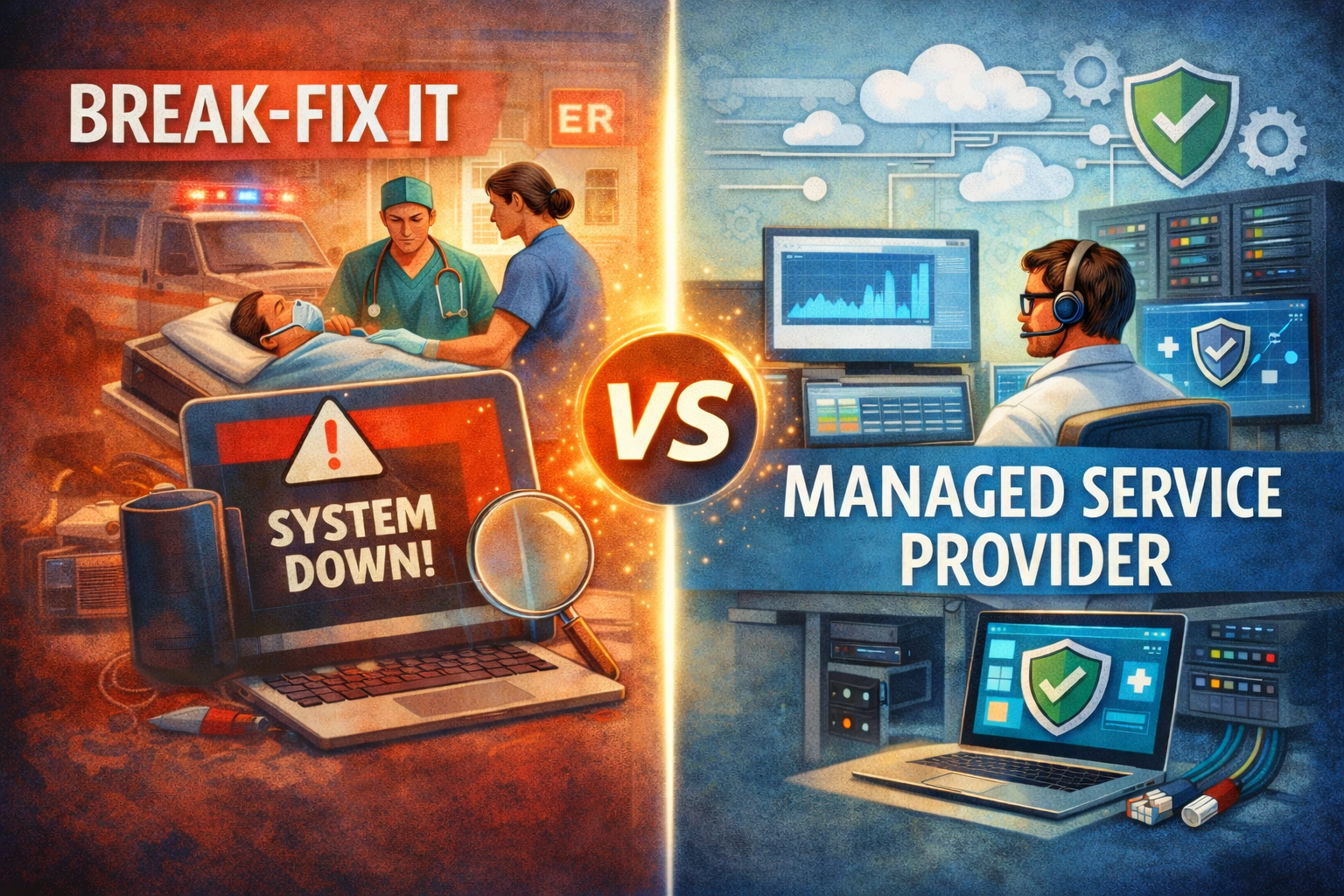 Illustration comparing break-fix IT and managed service provider support, showing chaotic emergency response on one side and calm proactive system monitoring on the other.
