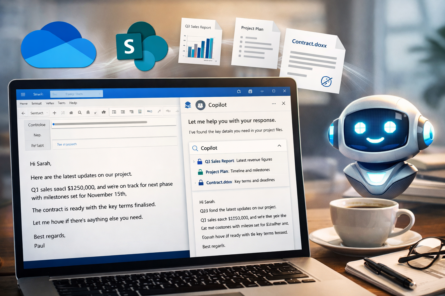 A professional workspace showing Microsoft Outlook with Copilot assisting in drafting an email, pulling information from OneDrive and SharePoint documents displayed nearby, illustrating how Microsoft Copilot helps users respond accurately using internal files.