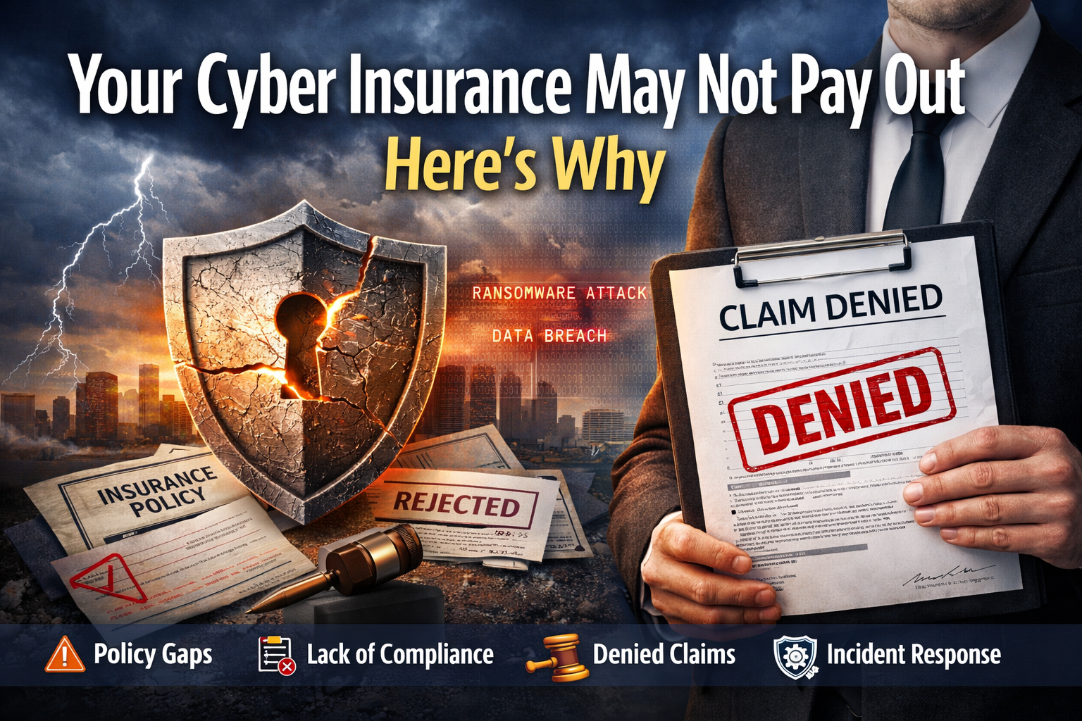 Business executive holding a document stamped “Claim Denied” while a cracked digital security shield and stormy city skyline symbolize cyber insurance claim rejection due to governance and security gaps.