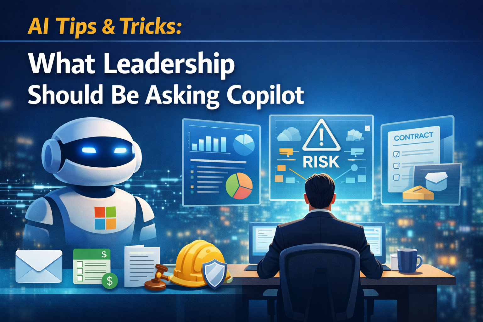 Professional executive seated at a desk overlooking a modern city skyline at night, reviewing holographic dashboards showing financial charts, risk alerts, contract documents, and safety reports, while a friendly AI assistant figure stands nearby, symbolizing Microsoft Copilot supporting leadership decision-making in a secure digital environment.