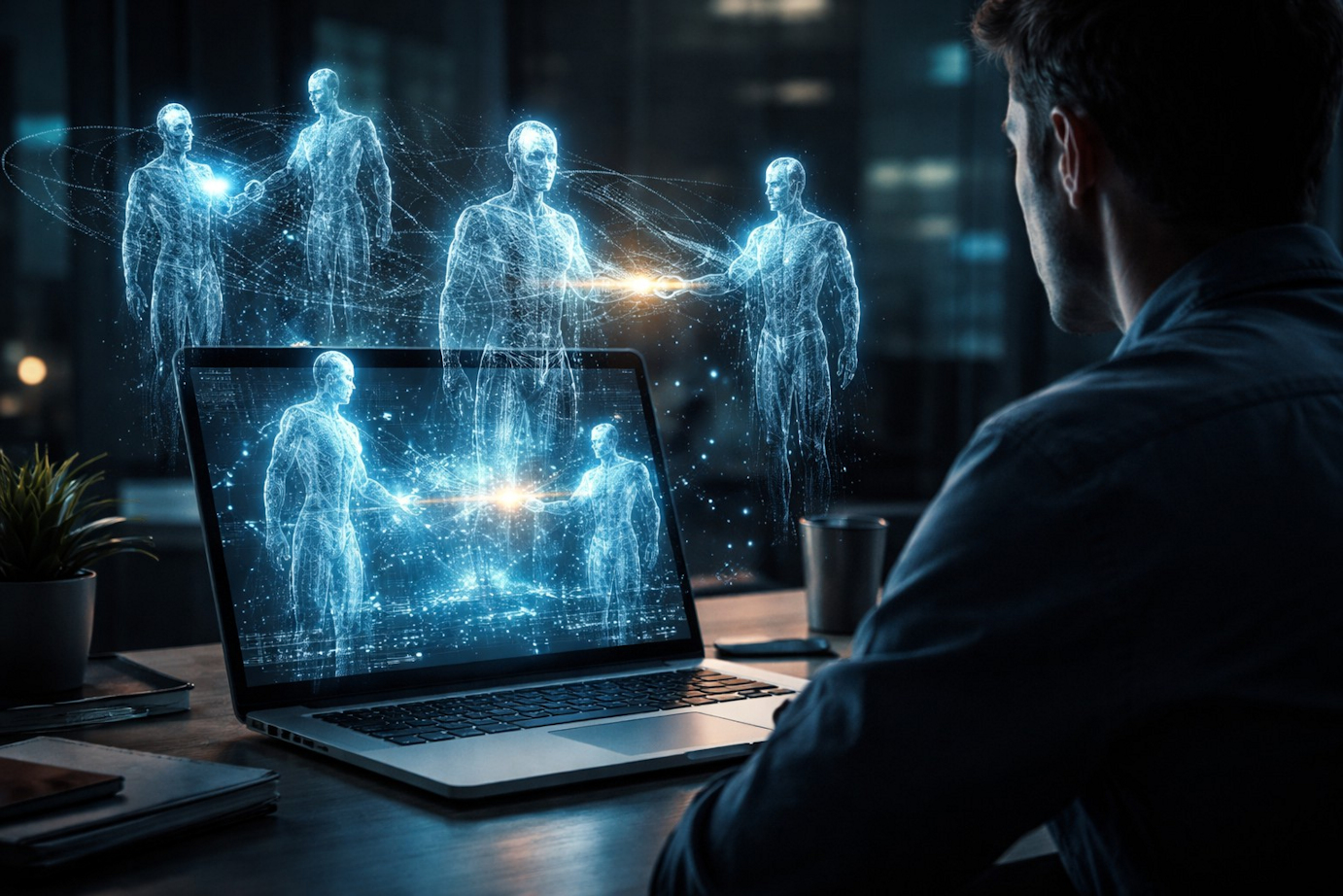 A scene of a laptop projecting multiple holographic AI agents that are communicating with each other above a desk while a user watches, illustrating autonomous AI systems exchanging data without direct human control.