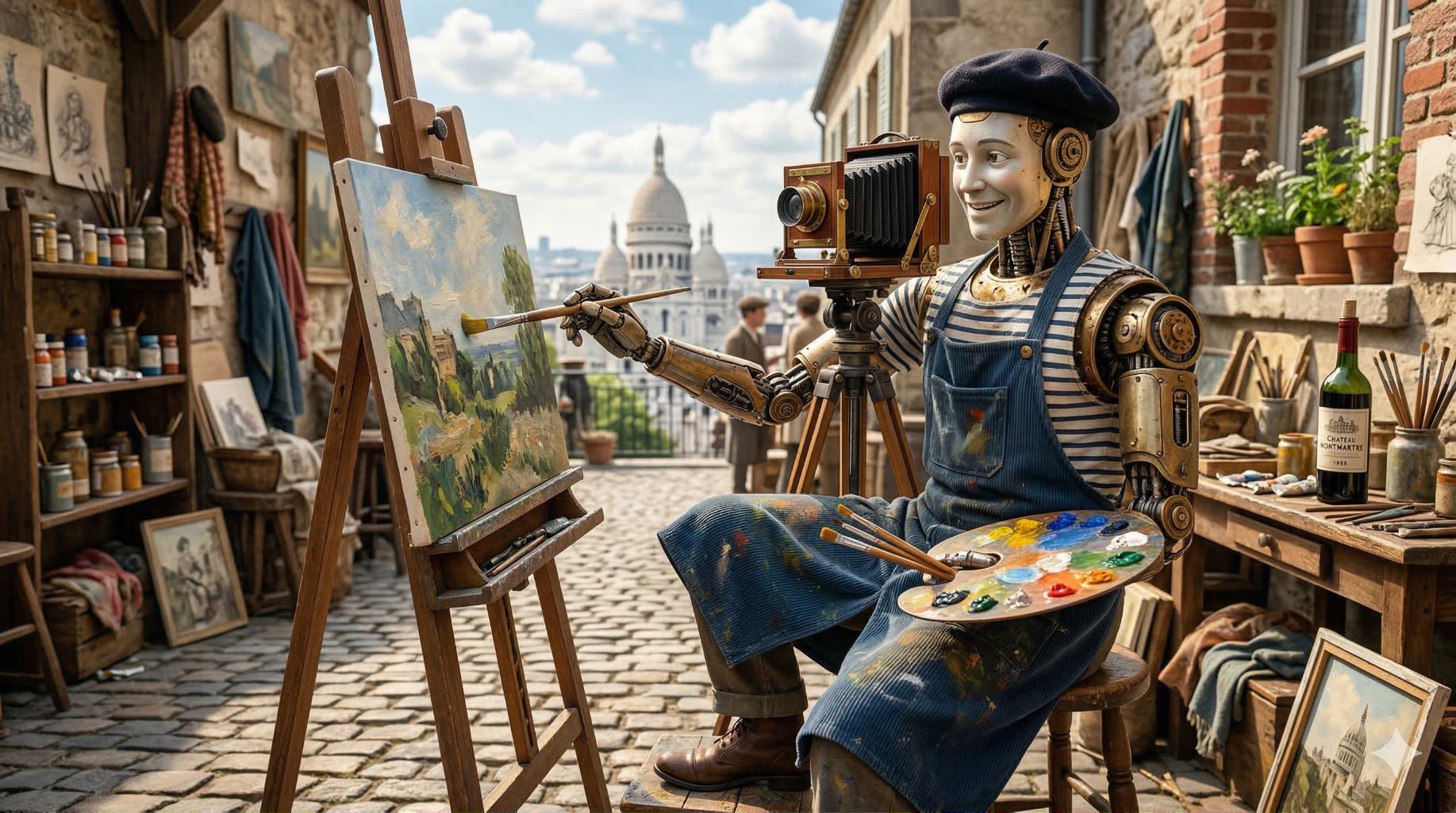 AI-generated android painter in a studio created using Google Gemini Nano Banana AI image generator.