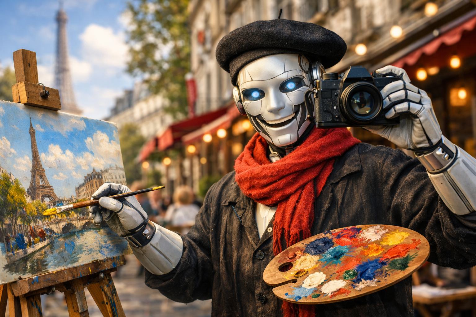 Colorful AI-generated android artist painting near the Eiffel Tower created using ChatGPT DALL·E.