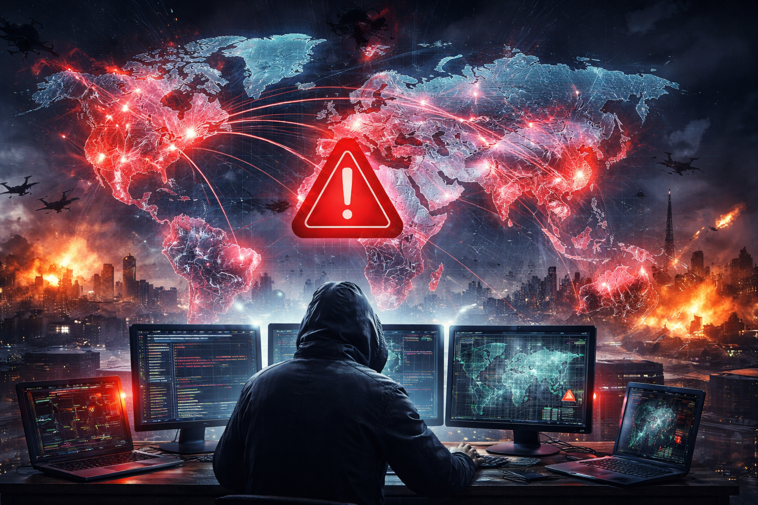 Global cyber warfare concept showing a hooded hacker monitoring coordinated cyberattacks across a world map with red threat indicators and digital attack lines between countries.
