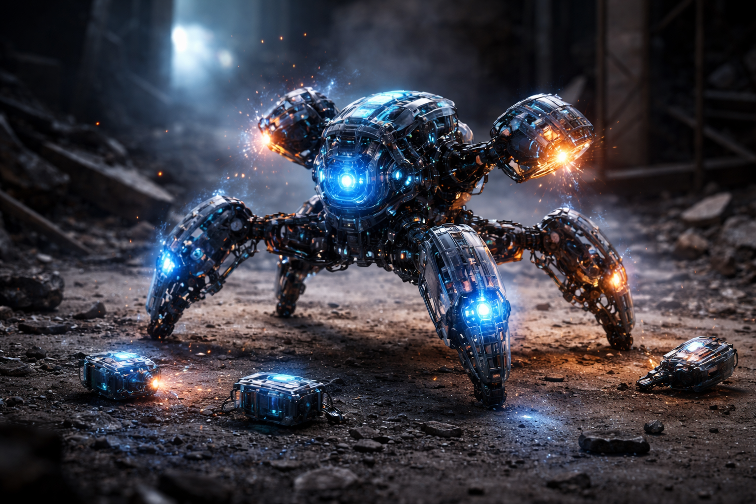 A futuristic modular AI robot reassembling itself in a damaged industrial environment, with glowing blue and orange components reconnecting after being broken apart.
