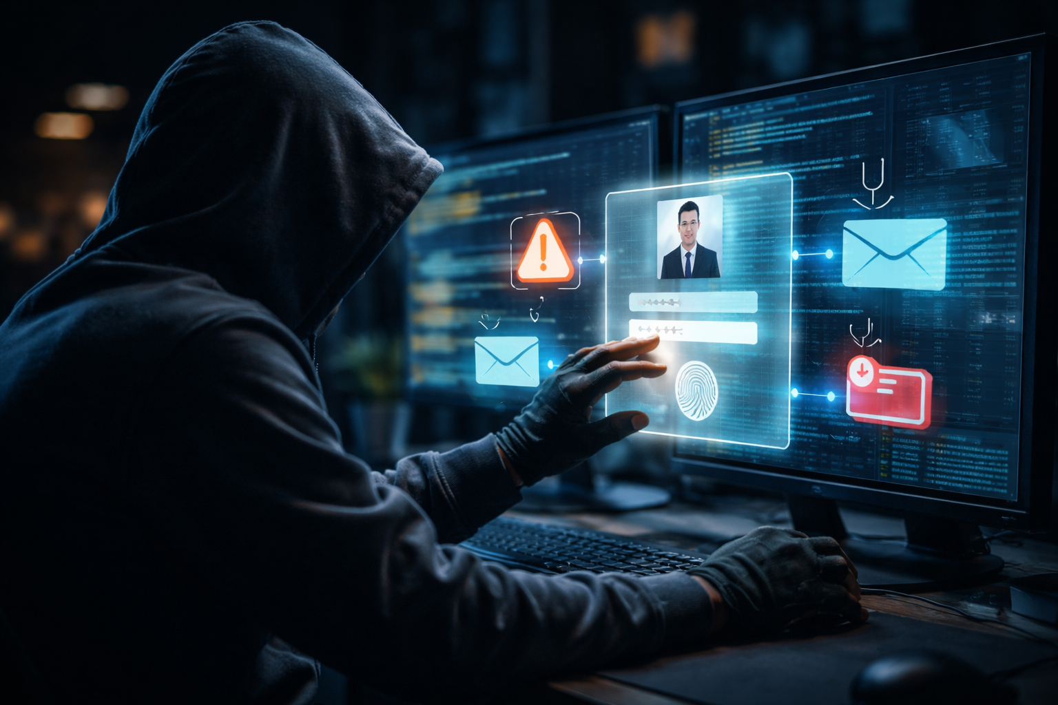 Cybercriminal using a computer to access a digital login interface with phishing alerts and stolen credentials, representing social engineering cyber attacks targeting people instead of systems.