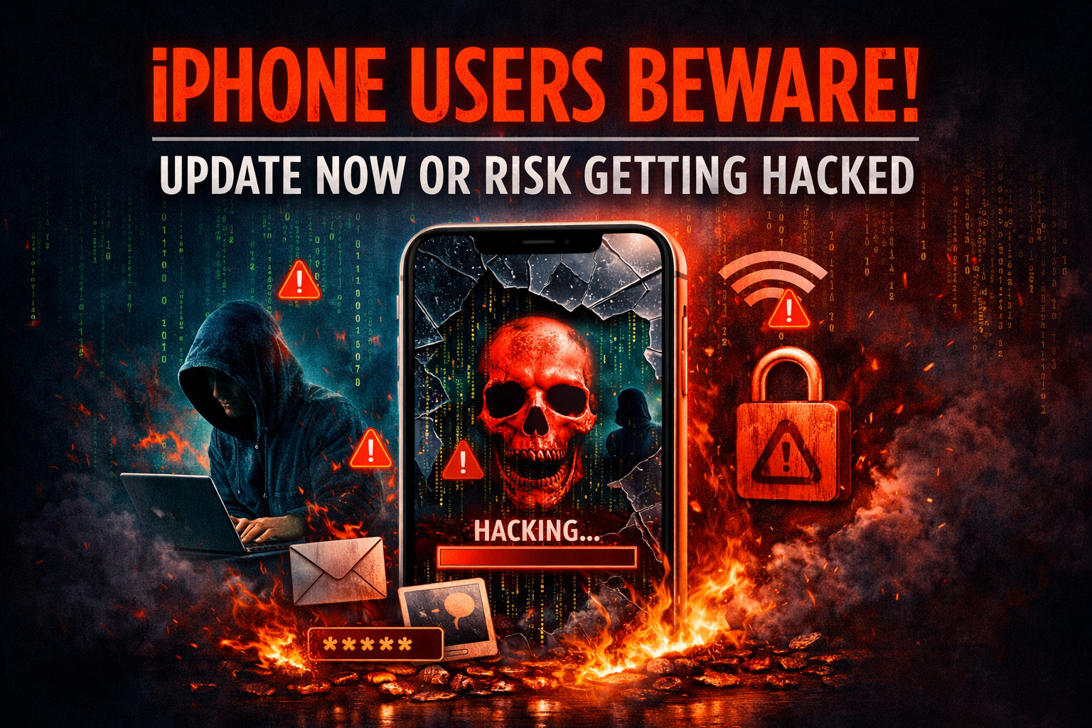 A compromised smartphone displaying a hacking warning with a skull on the screen, surrounded by cybersecurity threat icons, a hooded hacker, and digital code, illustrating the dangers of unpatched iPhone vulnerabilities.