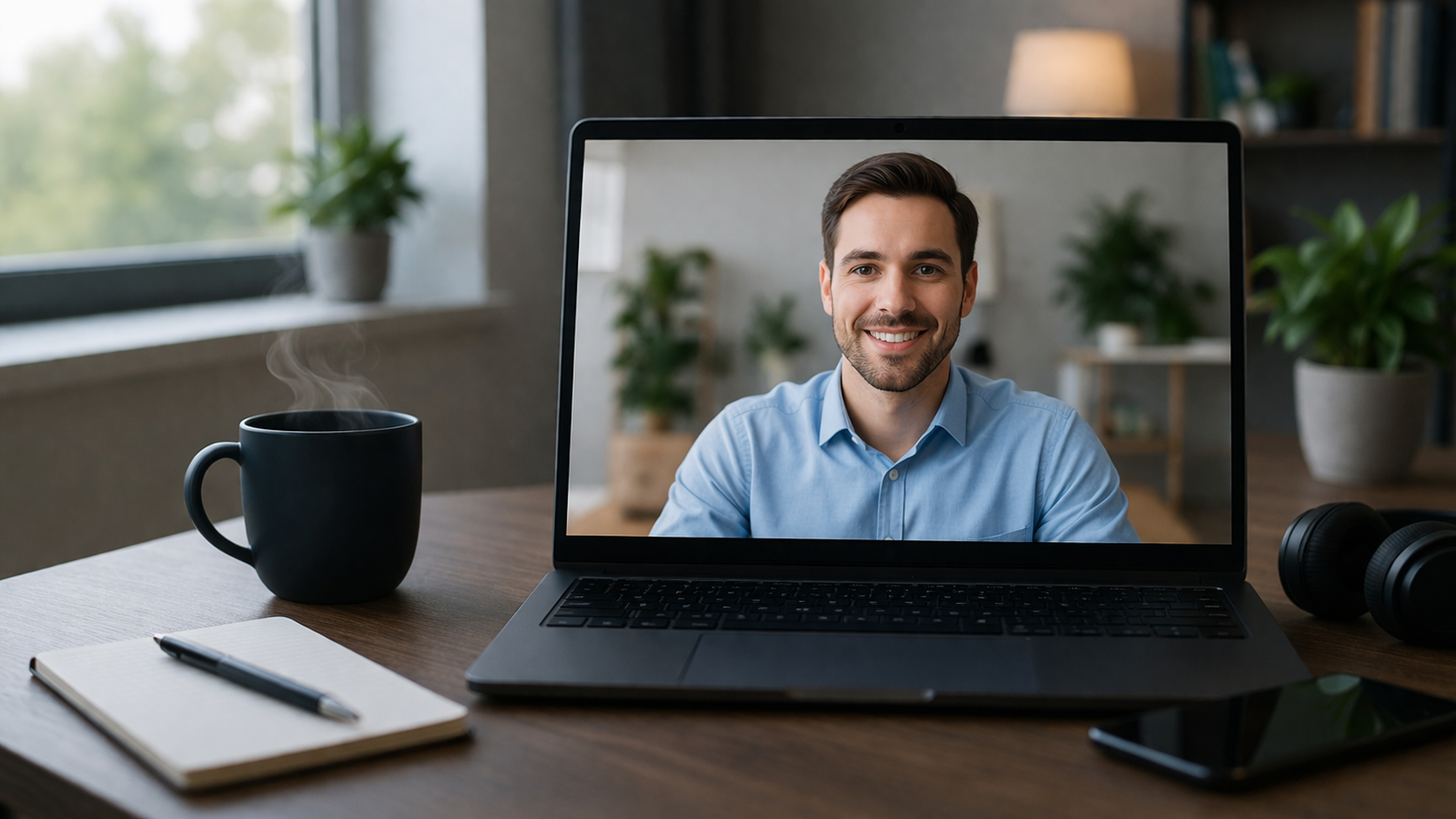 Professional working from home on a laptop during a video call in a modern, well-lit home office environment with a clean desk setup.
