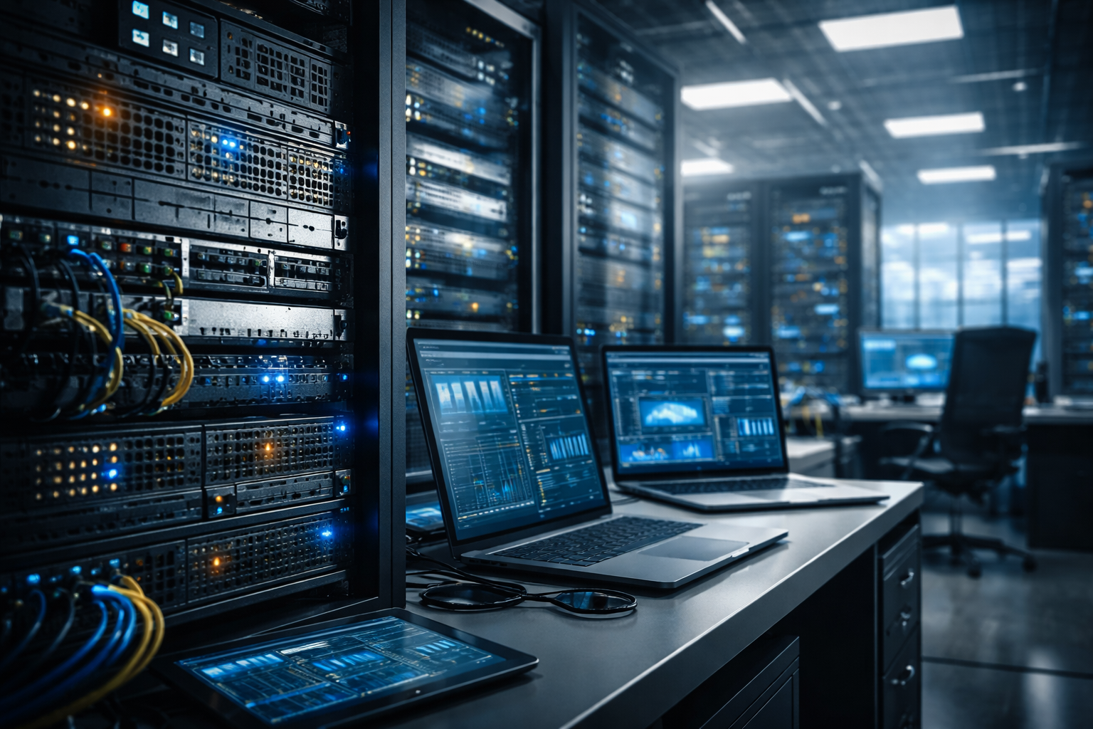 IT infrastructure with servers, network equipment, and workstations representing technology lifecycle, warranty coverage, and system reliability.