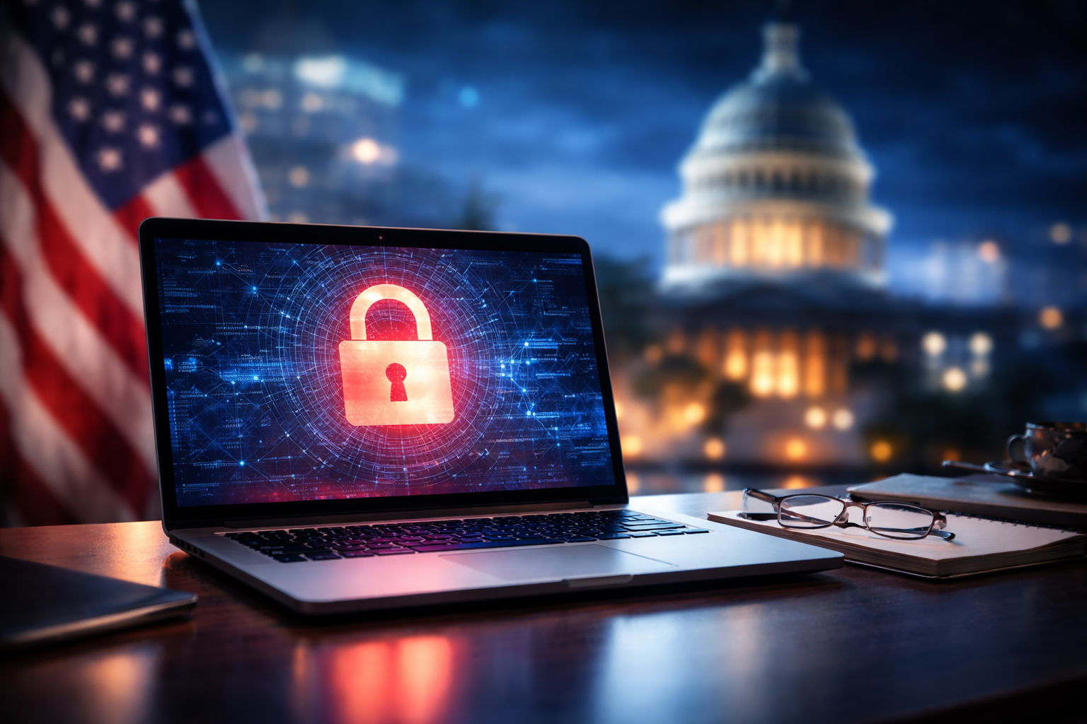A laptop with a glowing lock symbol in front of the U.S. Capitol, representing government response to emerging cyber threats and data protection.