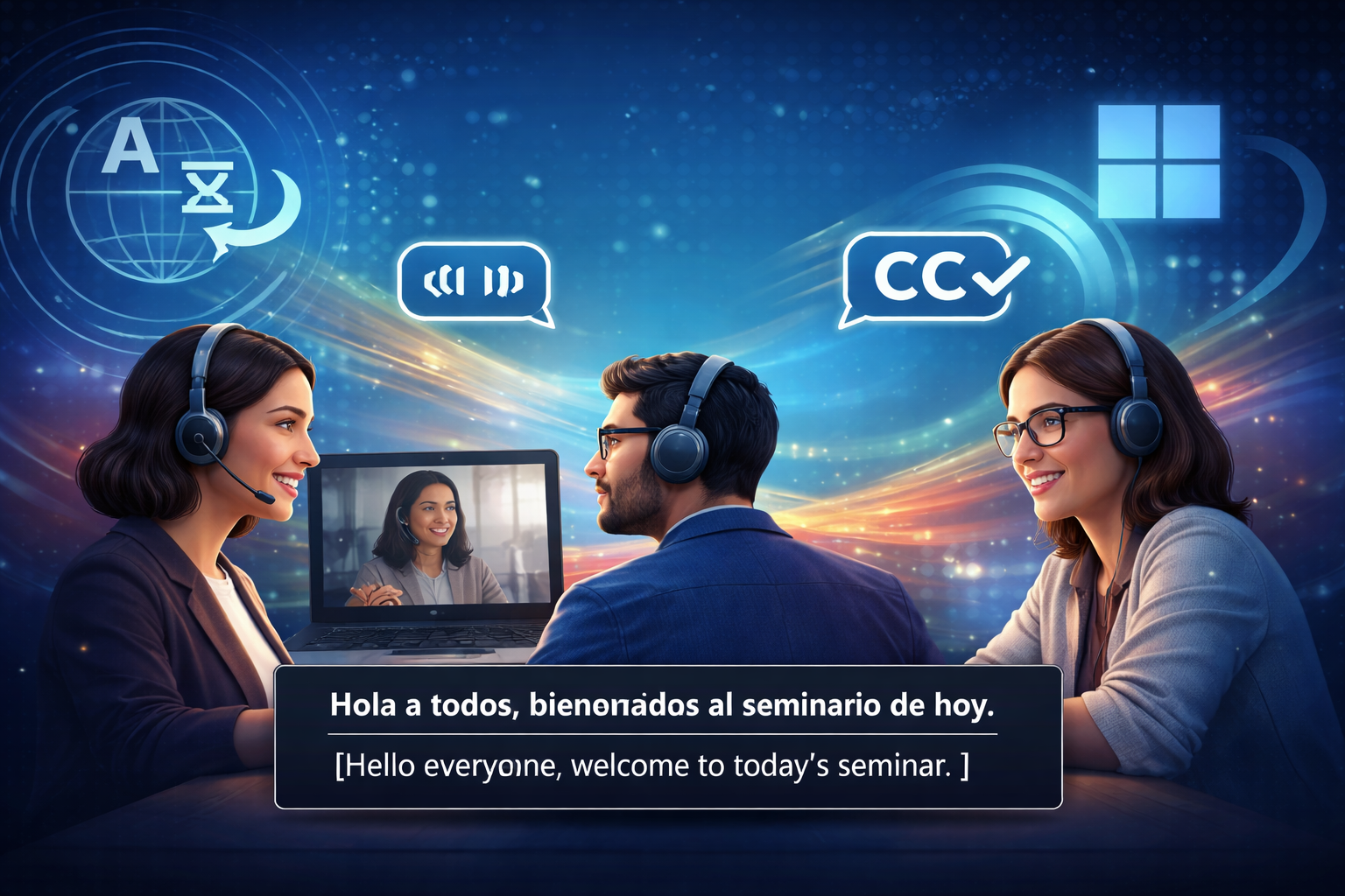 AI-powered real-time translation and live captions in a virtual meeting, diverse professionals collaborating with accessibility technology in Windows 11