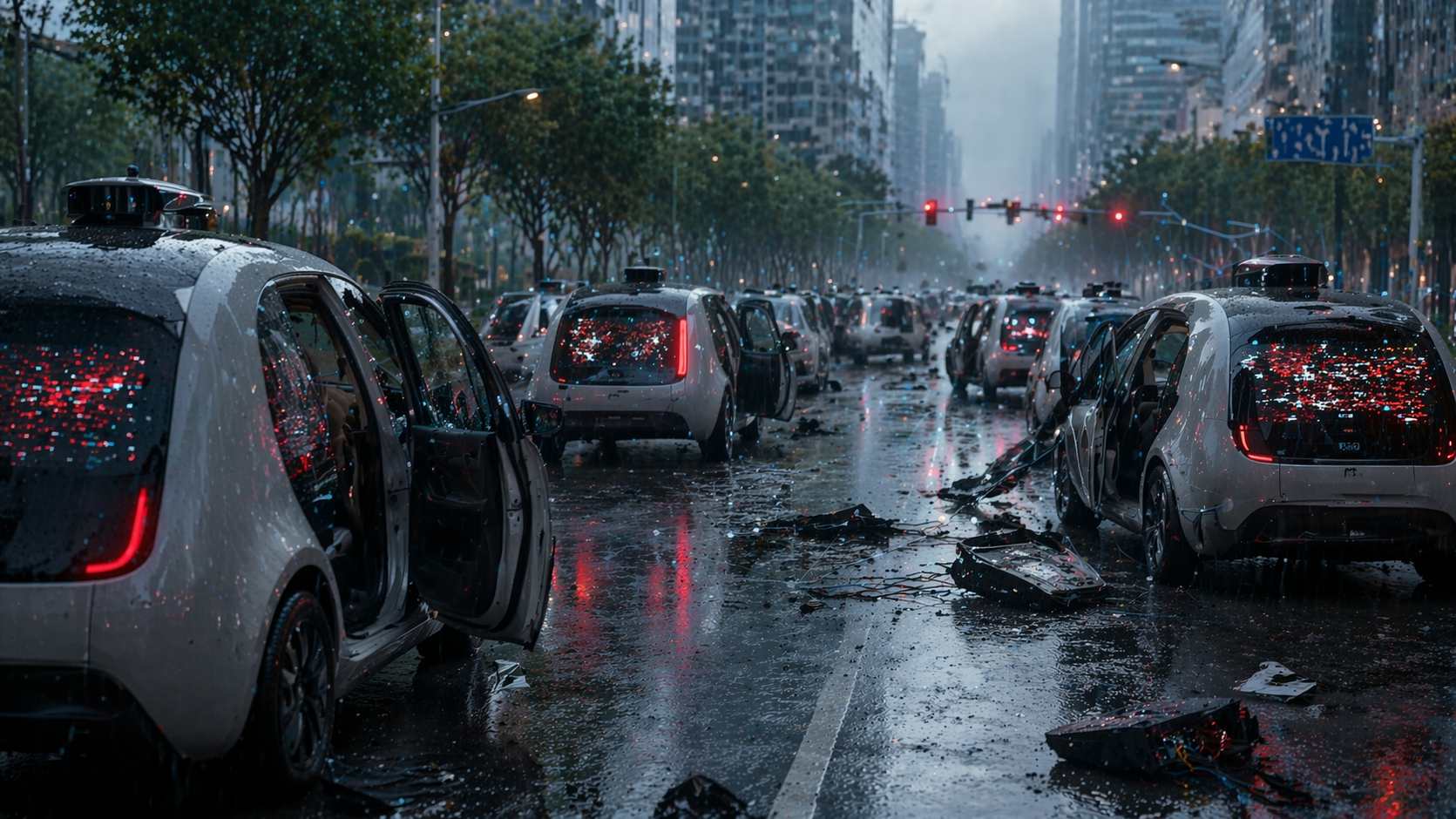 Failed autonomous robotaxis blocking city street after system malfunction, illustrating risks of uncontrolled technology deployment.