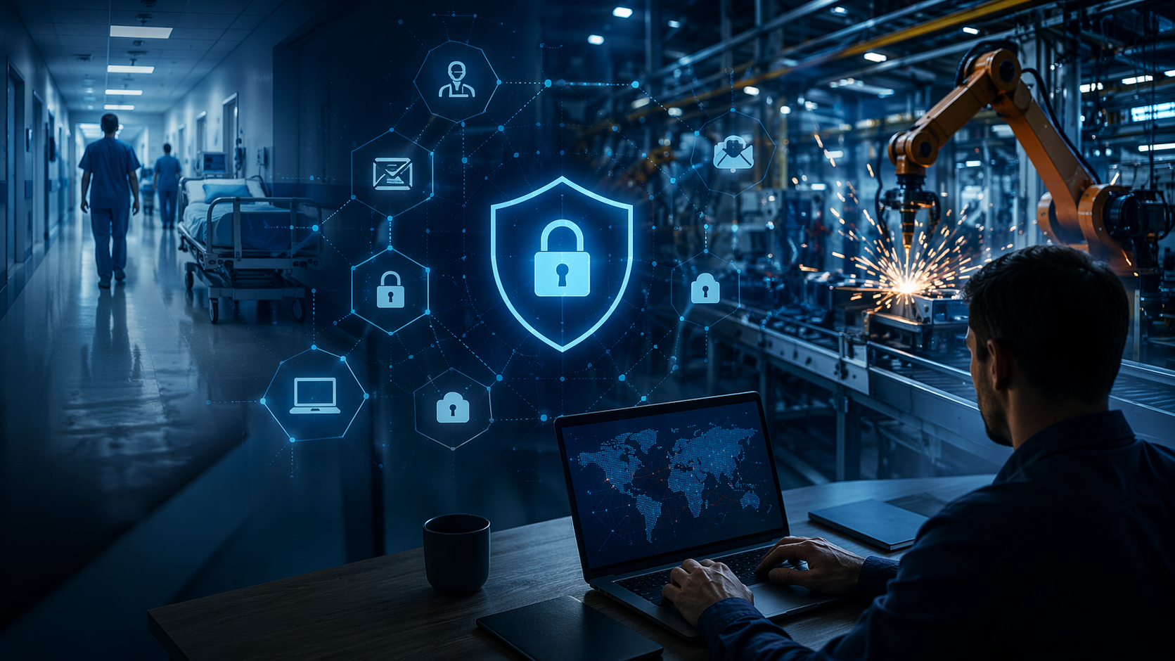 Cybersecurity risks in healthcare and manufacturing environments showing weak security, industrial systems, and hospital networks vulnerable to cyberattacks.