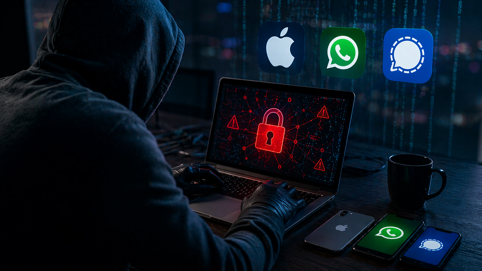 Hacker targeting Apple devices and encrypted messaging apps like WhatsApp and Signal, illustrating cybersecurity risks despite trusted platforms.