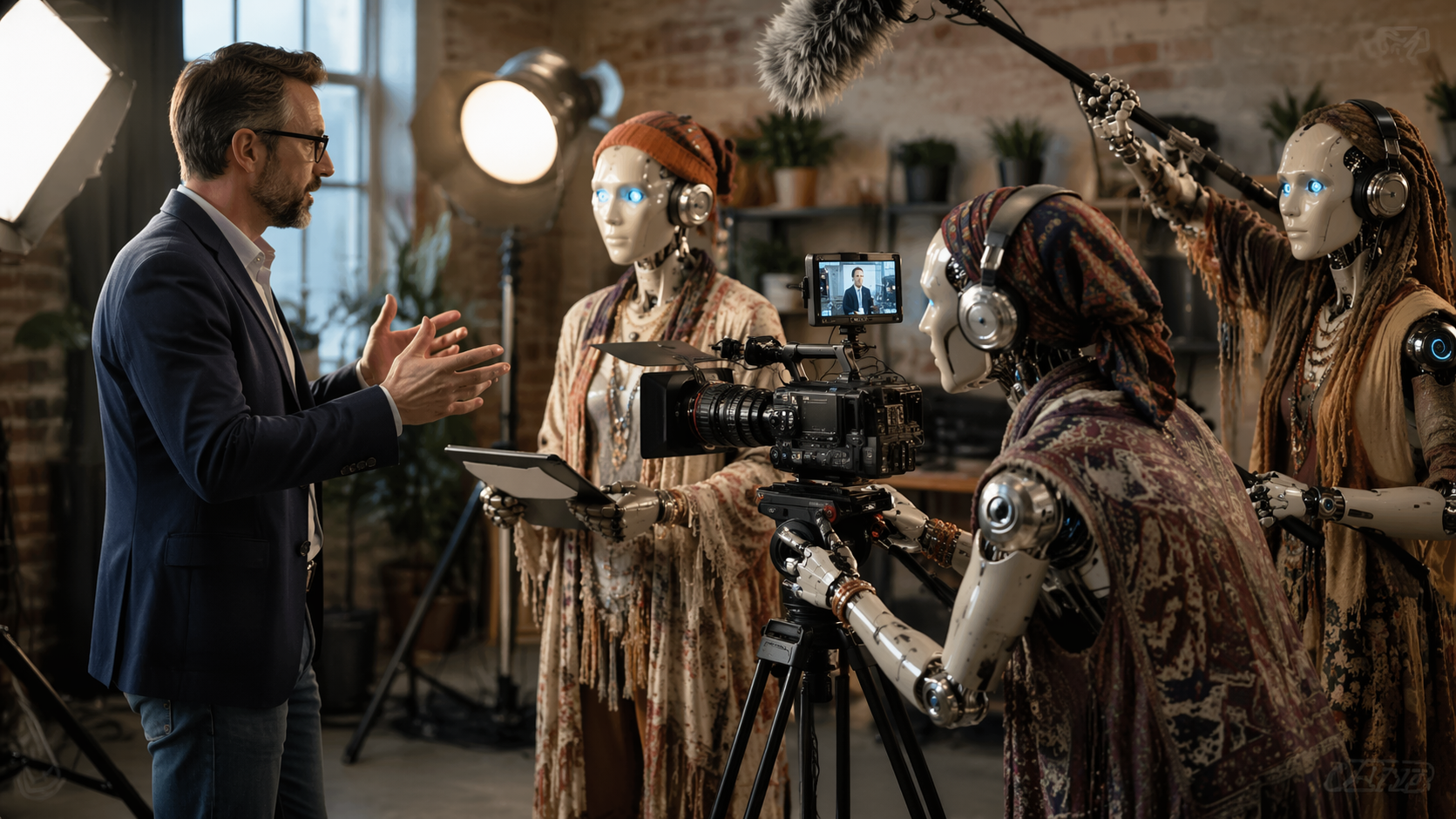 Business professional directing AI-powered robotic video production crew in a modern studio, representing AI-driven video editing with Clipchamp.