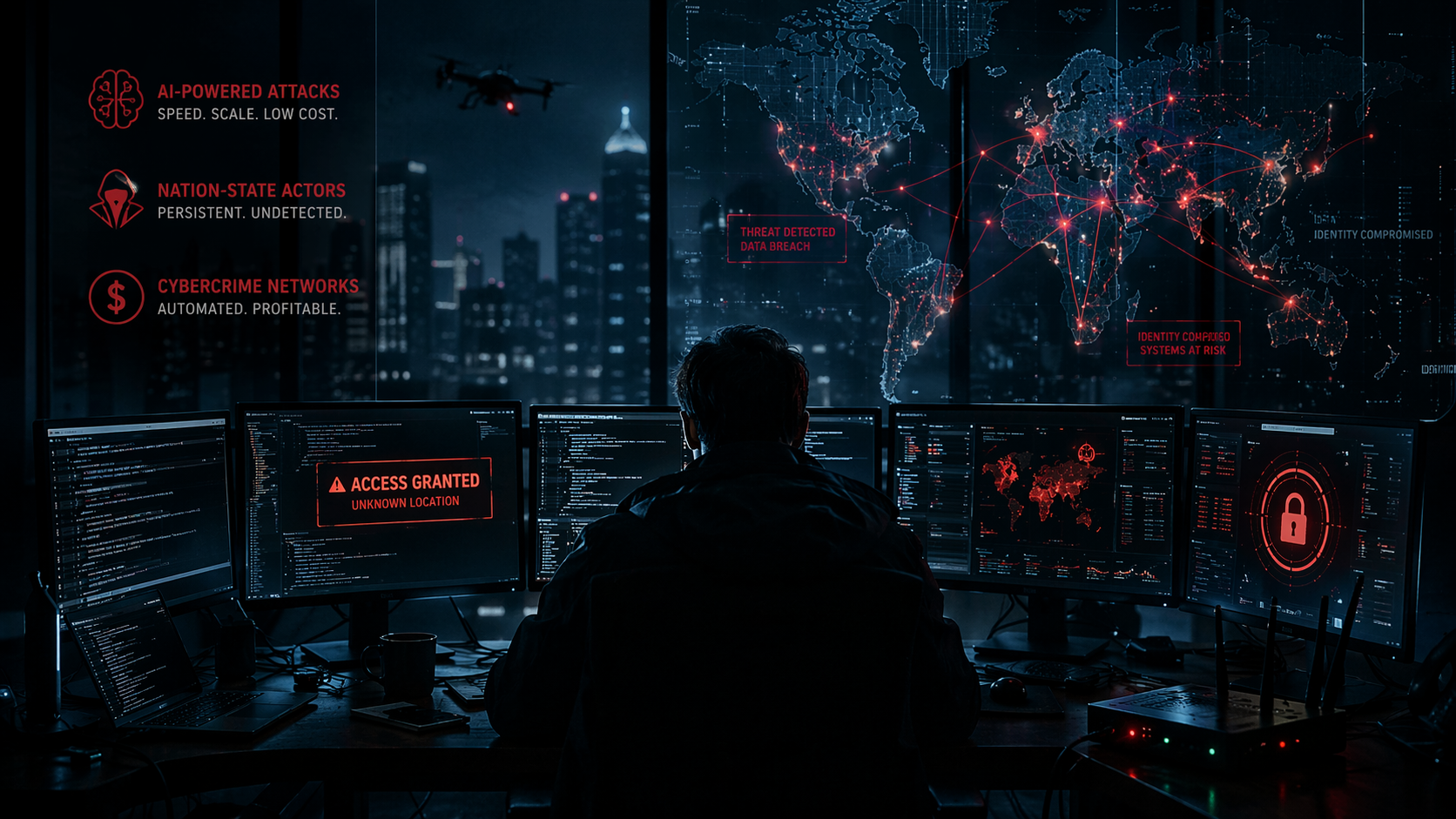 Cybersecurity analyst monitoring global cyber threats on multiple screens with AI-driven attacks and network breaches visualized.