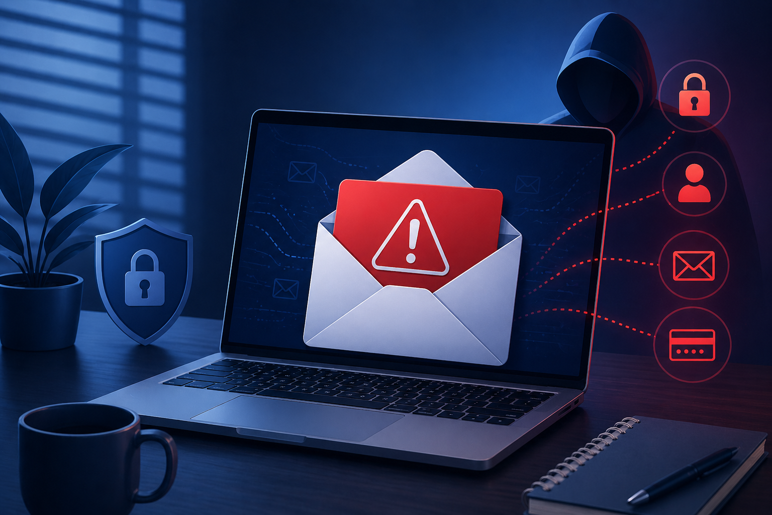 Illustration of a laptop showing a warning email and security alert, with a shadowy cyber attacker and security icons representing a compromised email account.