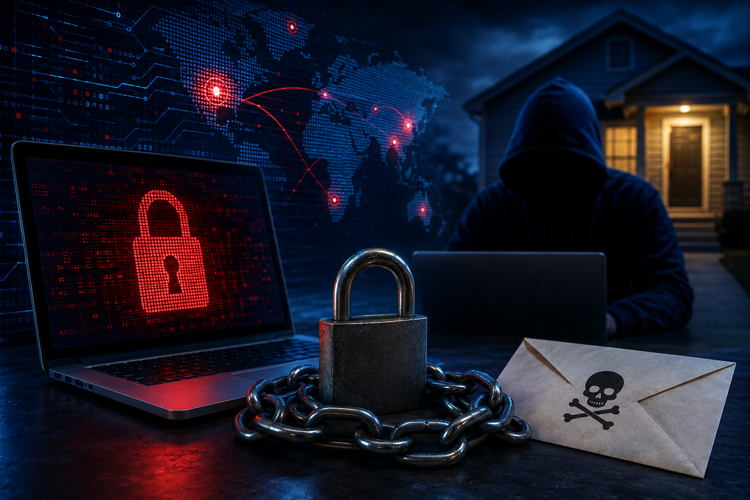 Cinematic cybersecurity image showing ransomware spreading from a laptop into the real world, with a hooded hacker near a home, chains, a padlock, and a threatening envelope.