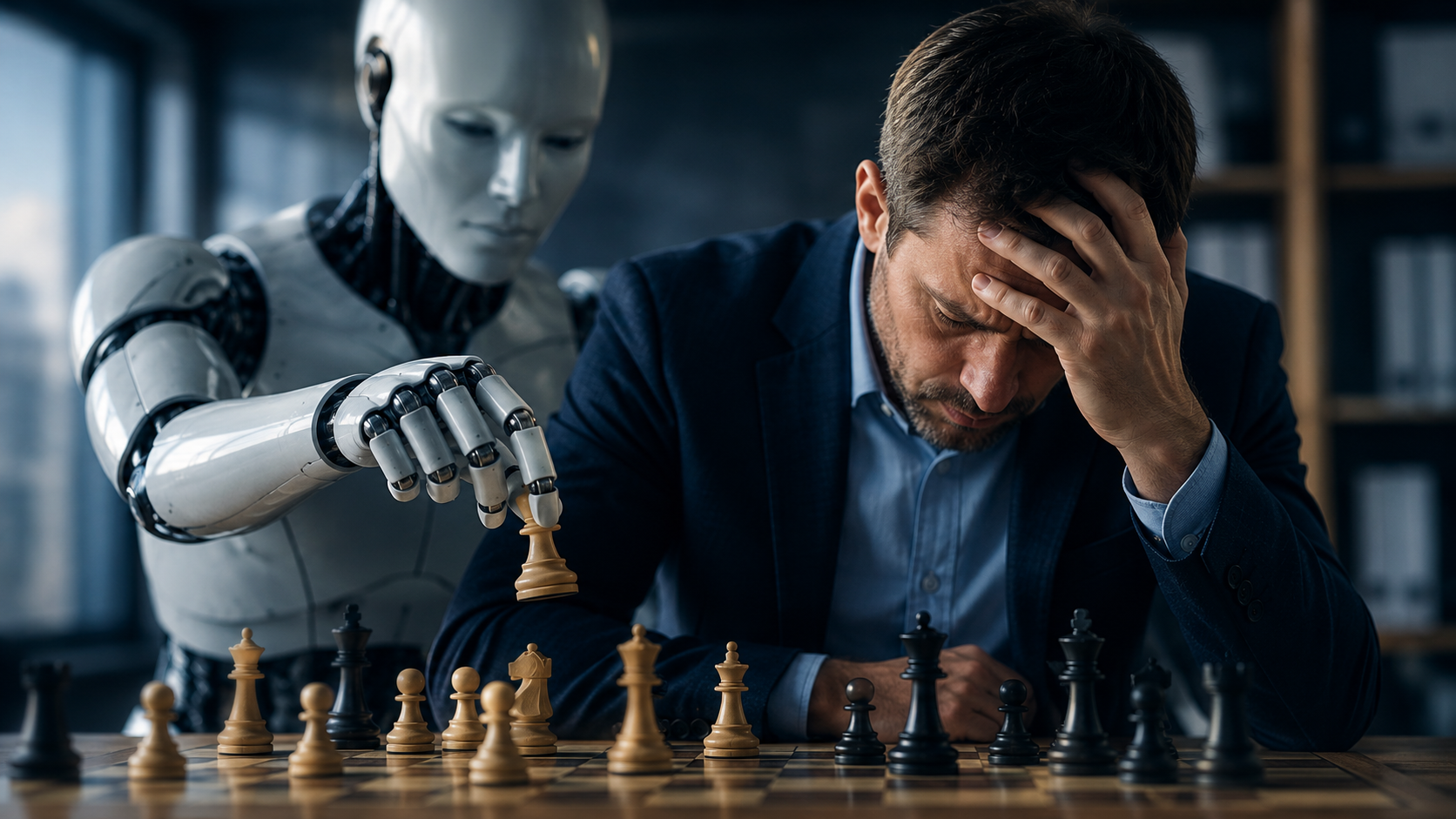 Stressed business professional relying on an AI robot during a high-stakes chess game, symbolizing the risks of blindly trusting artificial intelligence.